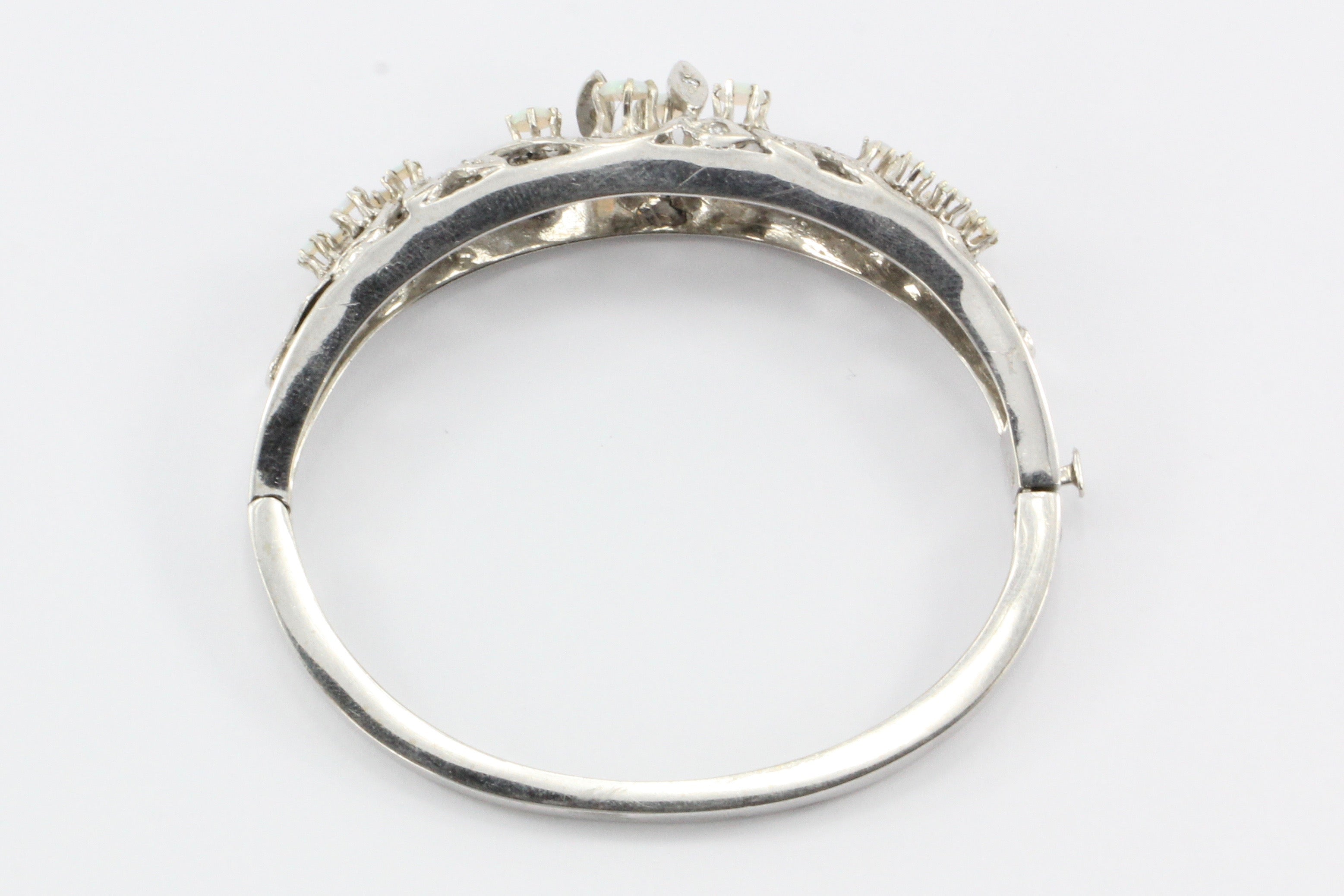 Retro 14K White Gold Diamond & Opal Bangle Bracelet c.1940's - Queen May