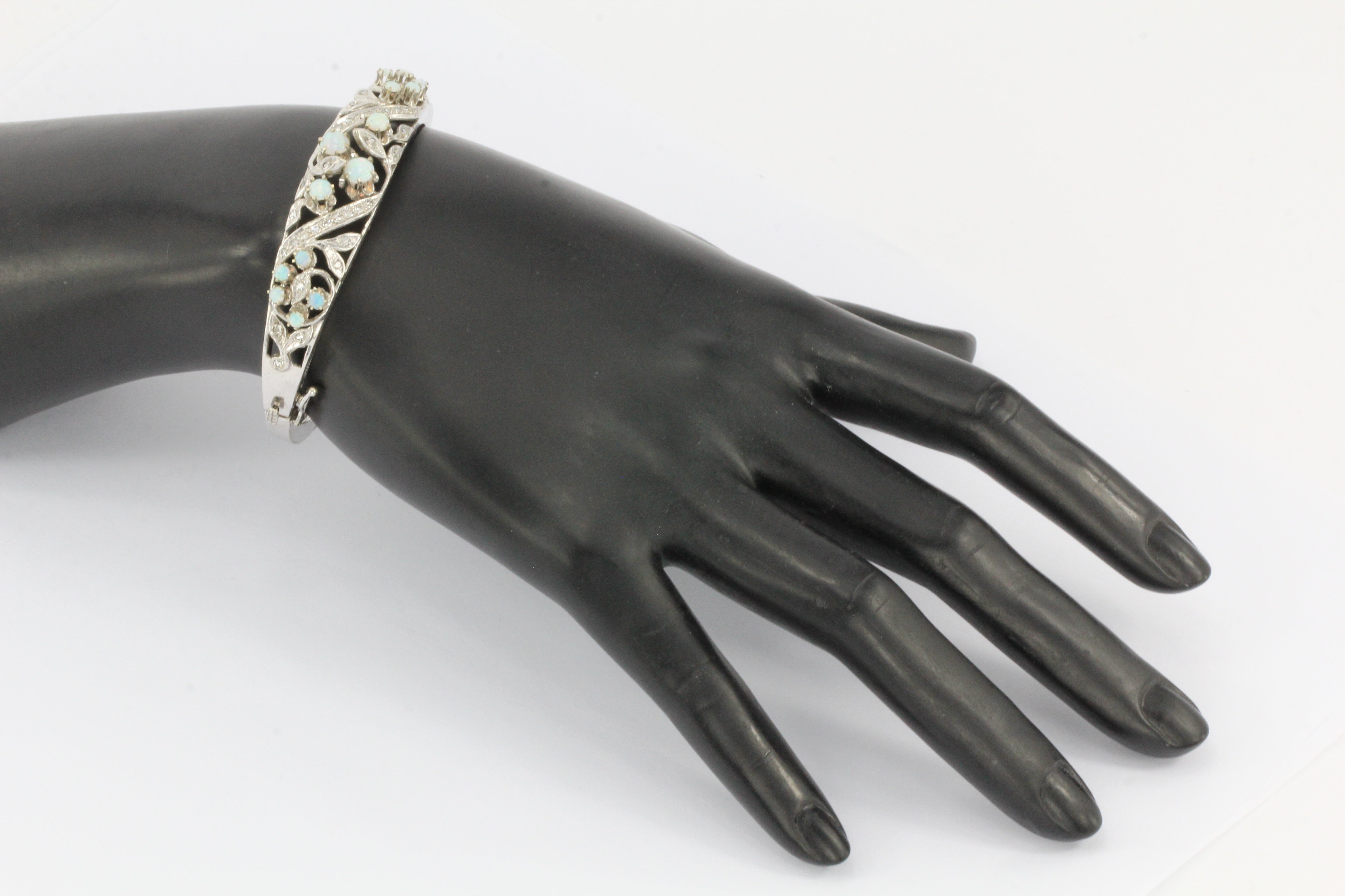 Retro 14K White Gold Diamond & Opal Bangle Bracelet c.1940's - Queen May