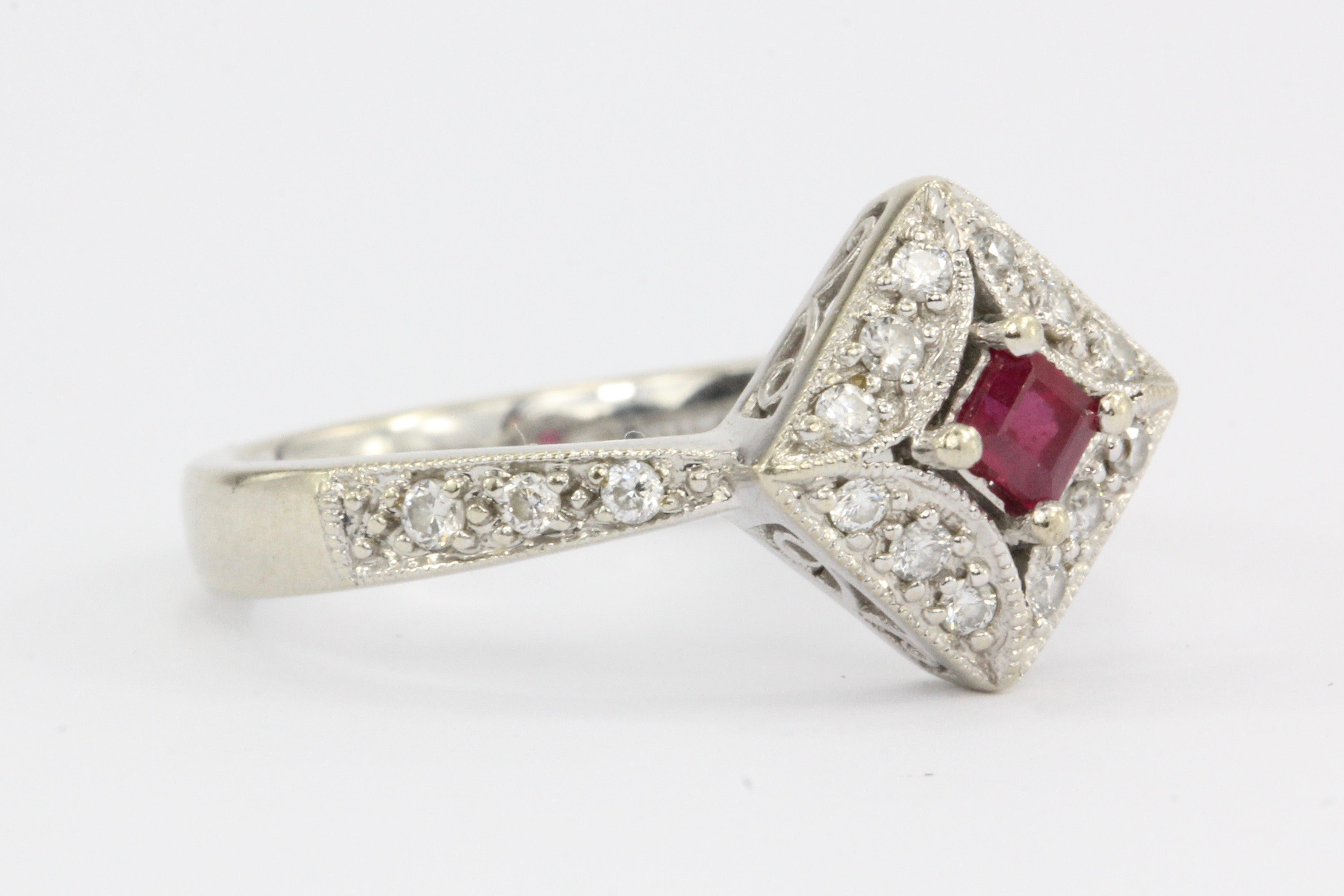 14K White Gold Ruby Diamond Ring - Queen May