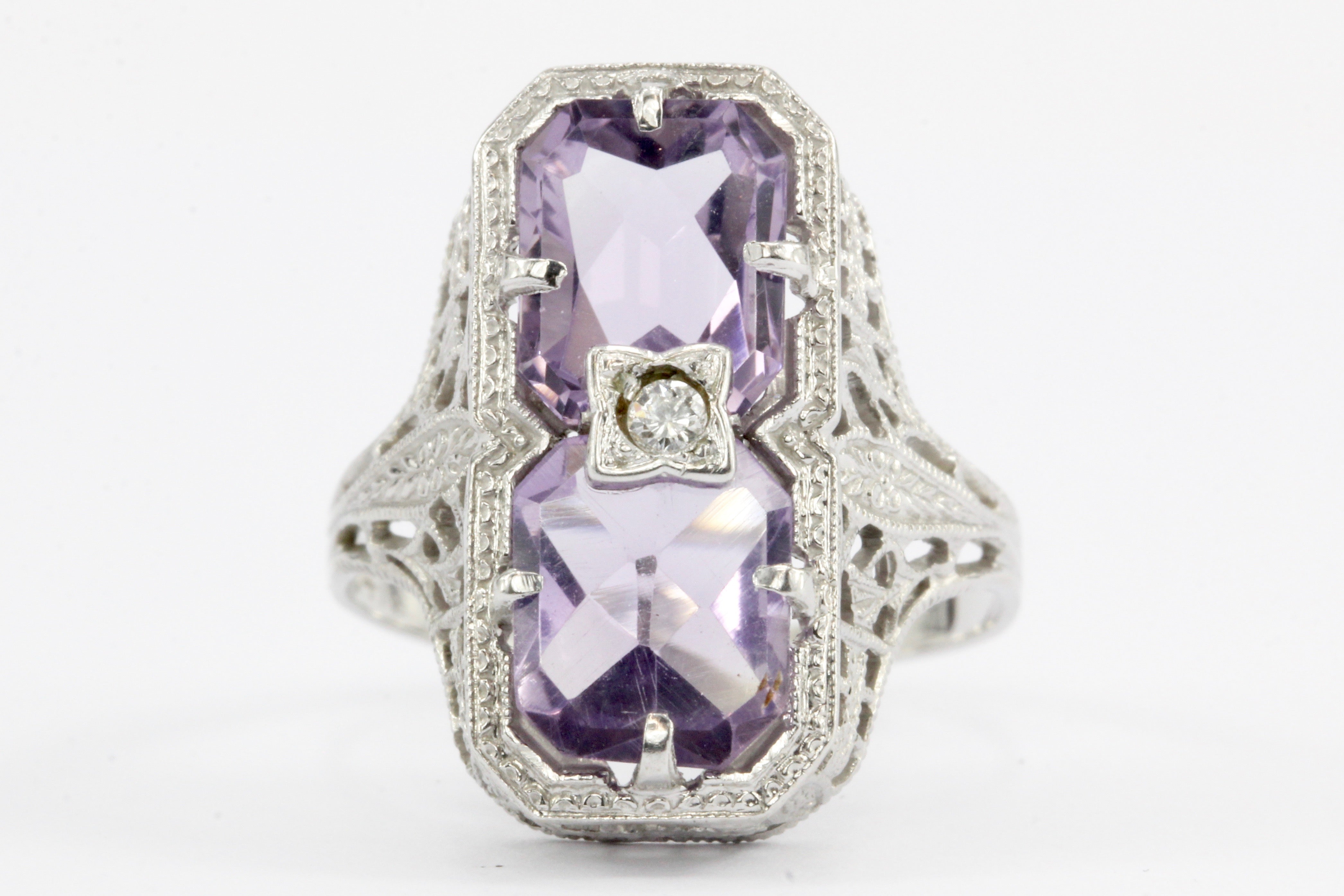 Art 14K White Gold Amethyst & Diamond Filigree Ring c.1920's - Queen May
