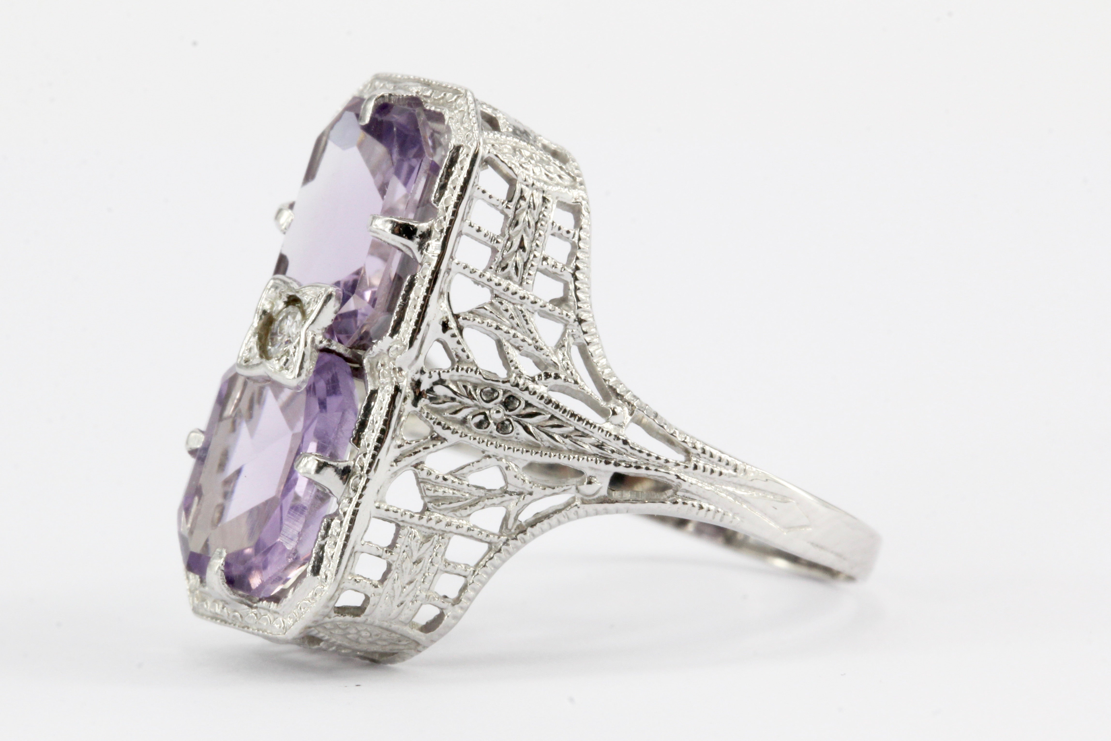 Art 14K White Gold Amethyst & Diamond Filigree Ring c.1920's - Queen May