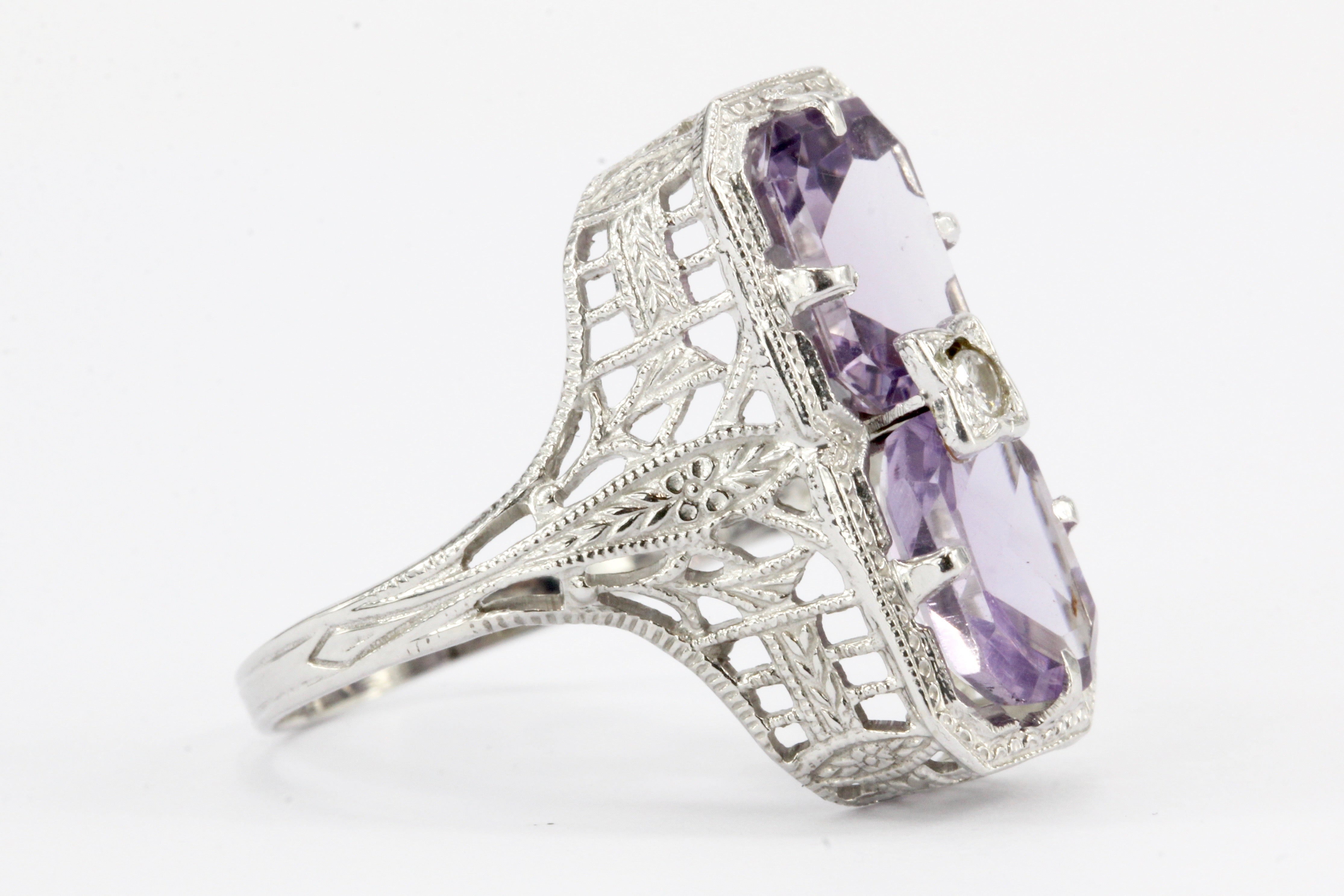 Art 14K White Gold Amethyst & Diamond Filigree Ring c.1920's - Queen May