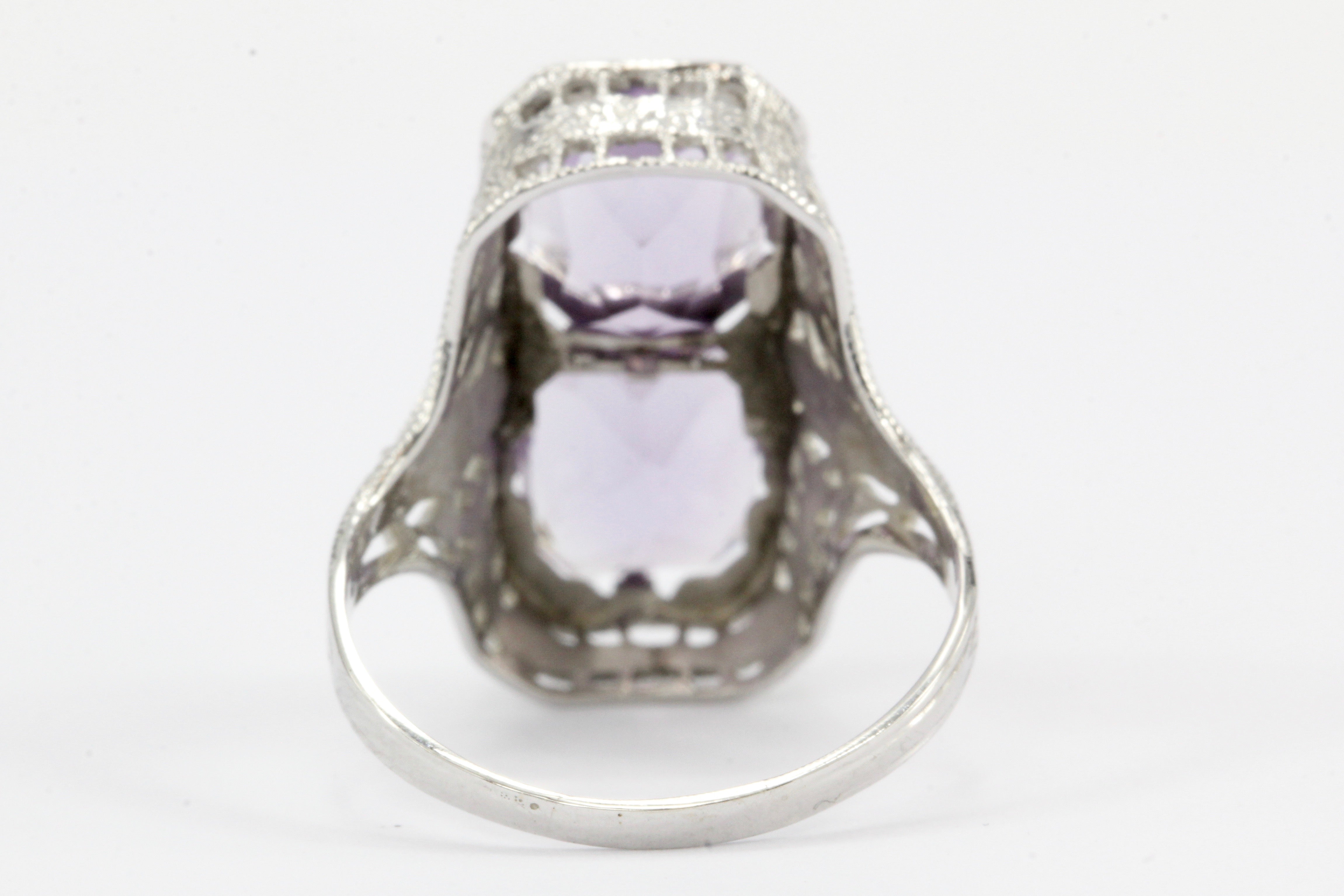 Art 14K White Gold Amethyst & Diamond Filigree Ring c.1920's - Queen May