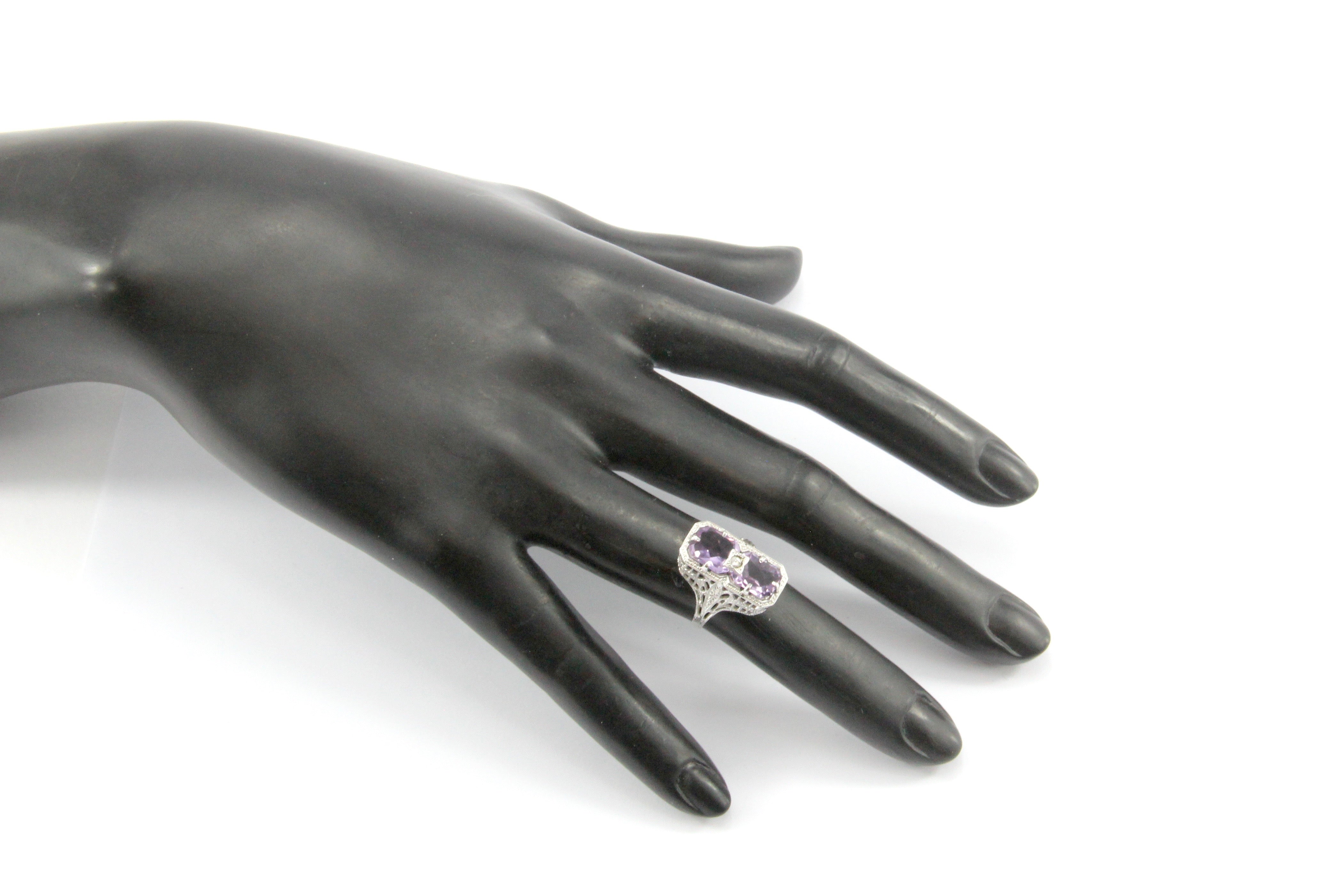 Art 14K White Gold Amethyst & Diamond Filigree Ring c.1920's - Queen May