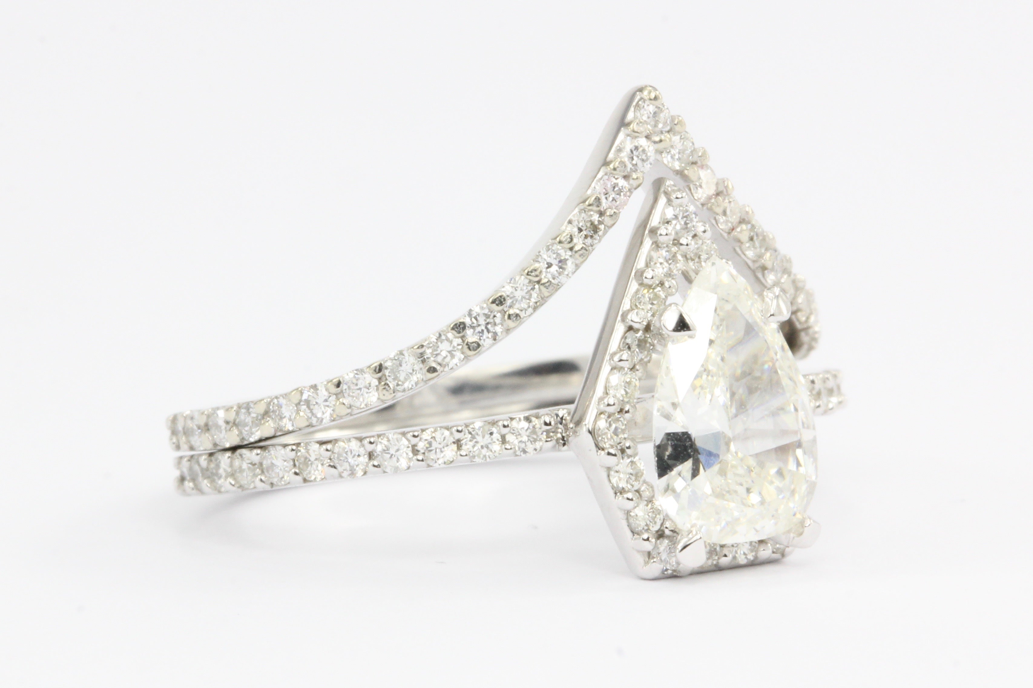 14K White Gold Pear Diamond Halo Engagement Ring w/ Matching Jacket Band Set - Queen May