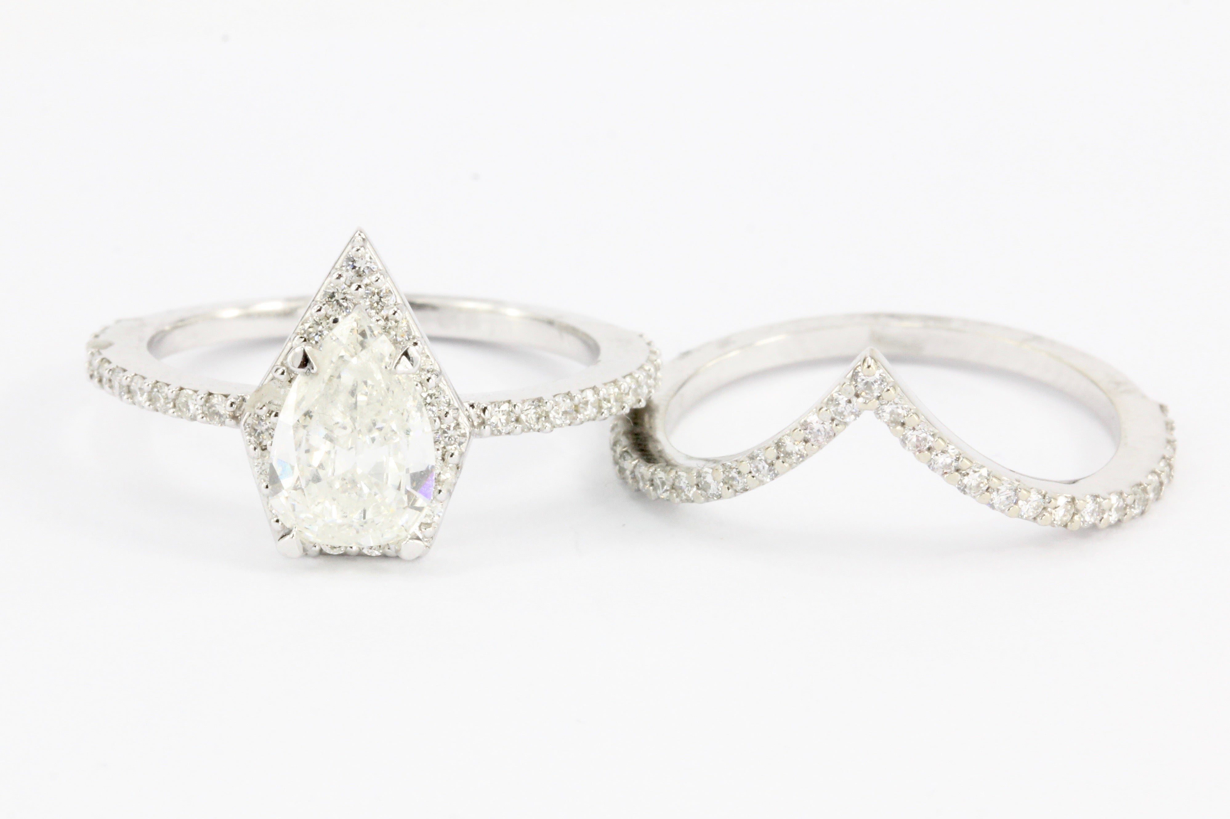 14K White Gold Pear Diamond Halo Engagement Ring w/ Matching Jacket Band Set - Queen May