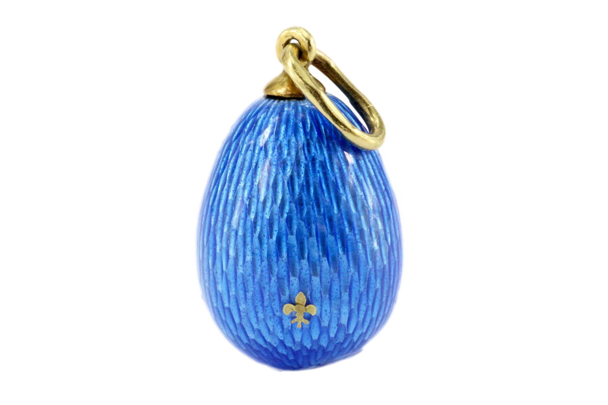 Soviet Era Russian 18K Yellow Gold Blue Guilloche Enamel Egg Pendant - Queen May