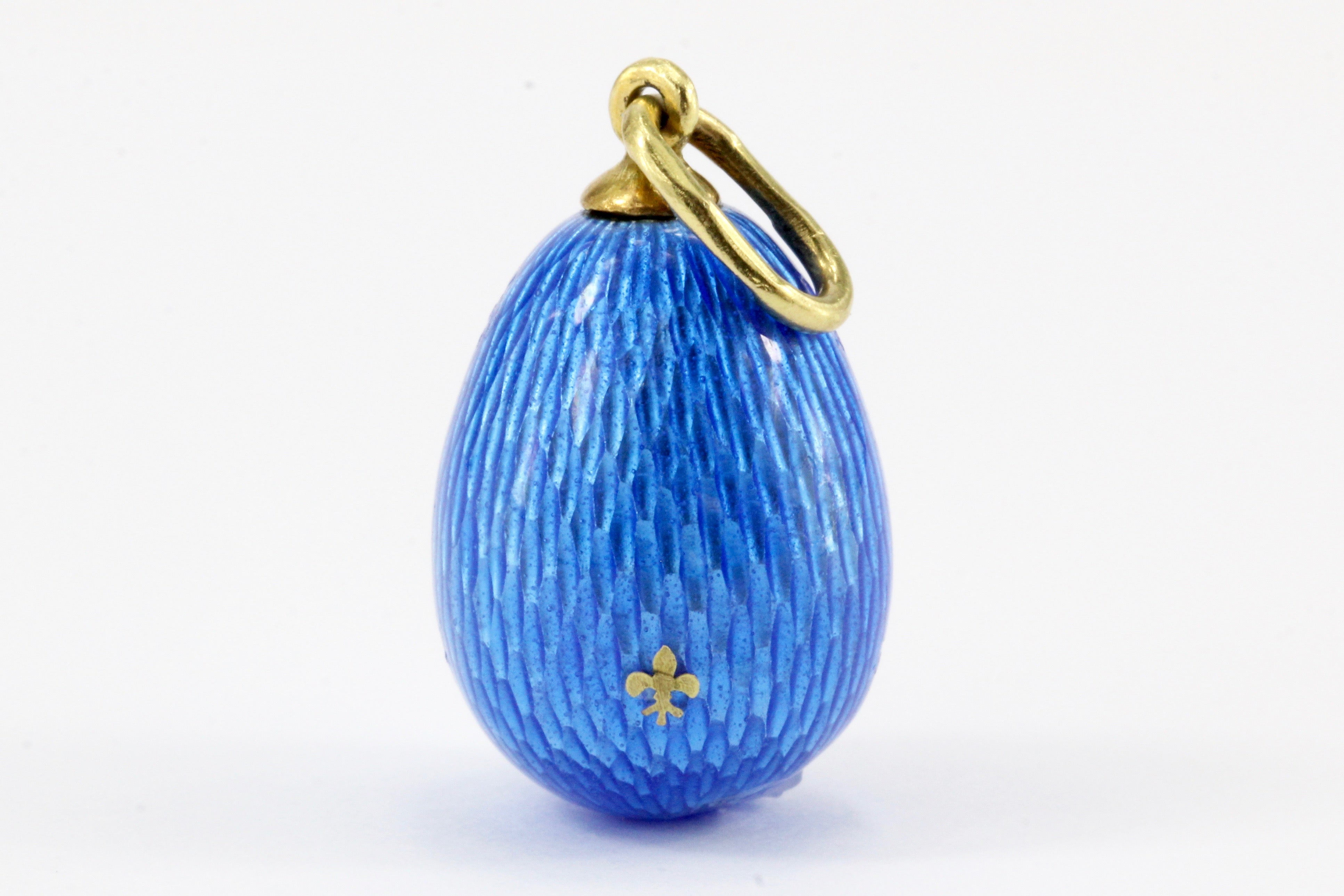 Soviet Era Russian 18K Yellow Gold Blue Guilloche Enamel Egg Pendant - Queen May