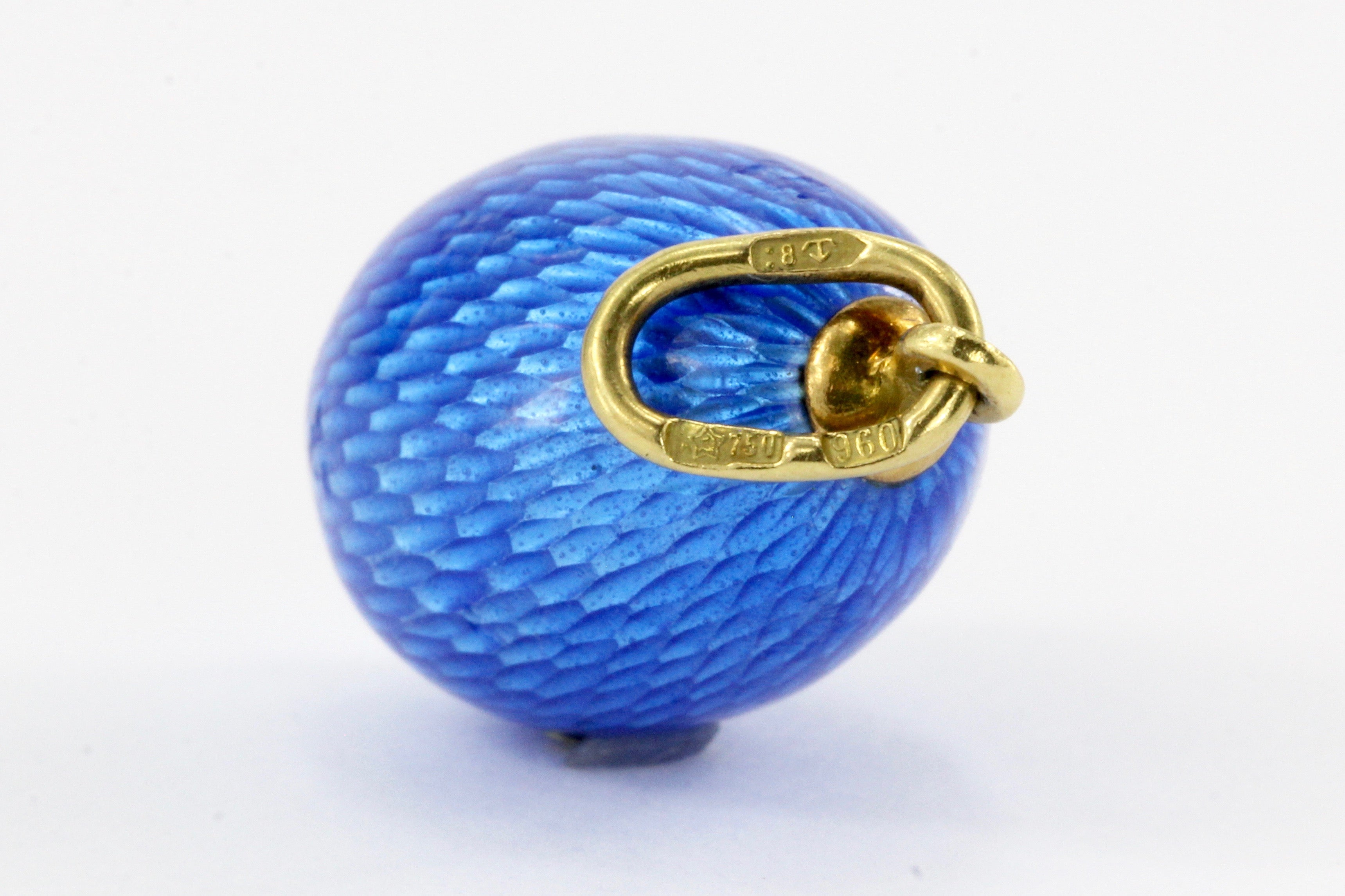 Soviet Era Russian 18K Yellow Gold Blue Guilloche Enamel Egg Pendant - Queen May