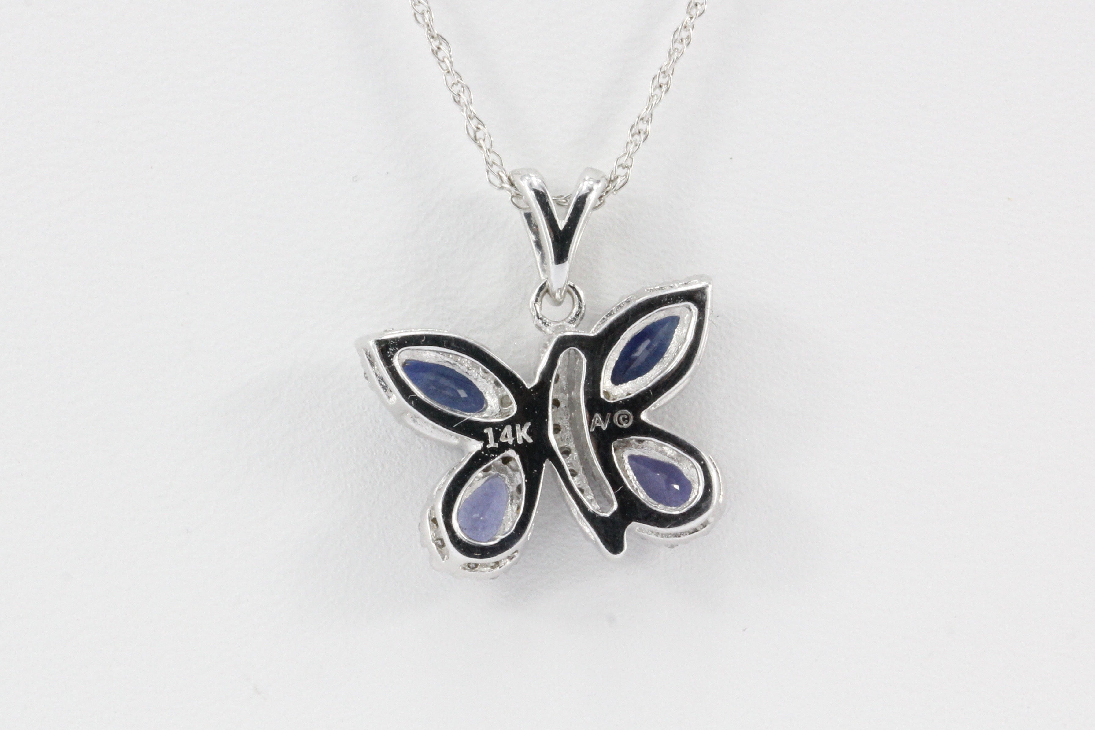 14k White Gold Sapphire & Diamond Butterfly Pendant Necklace - Queen May