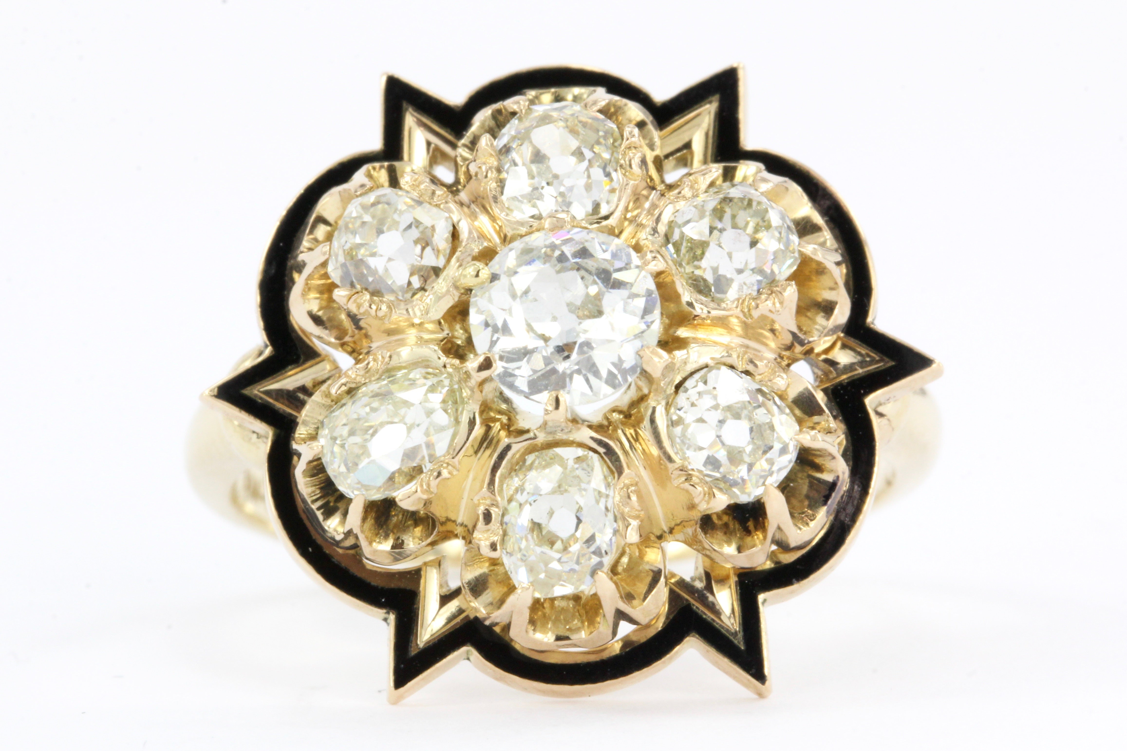 Victorian 14K Gold Black Enamel Old European & Old Mine Diamond Starburst Ring - Queen May