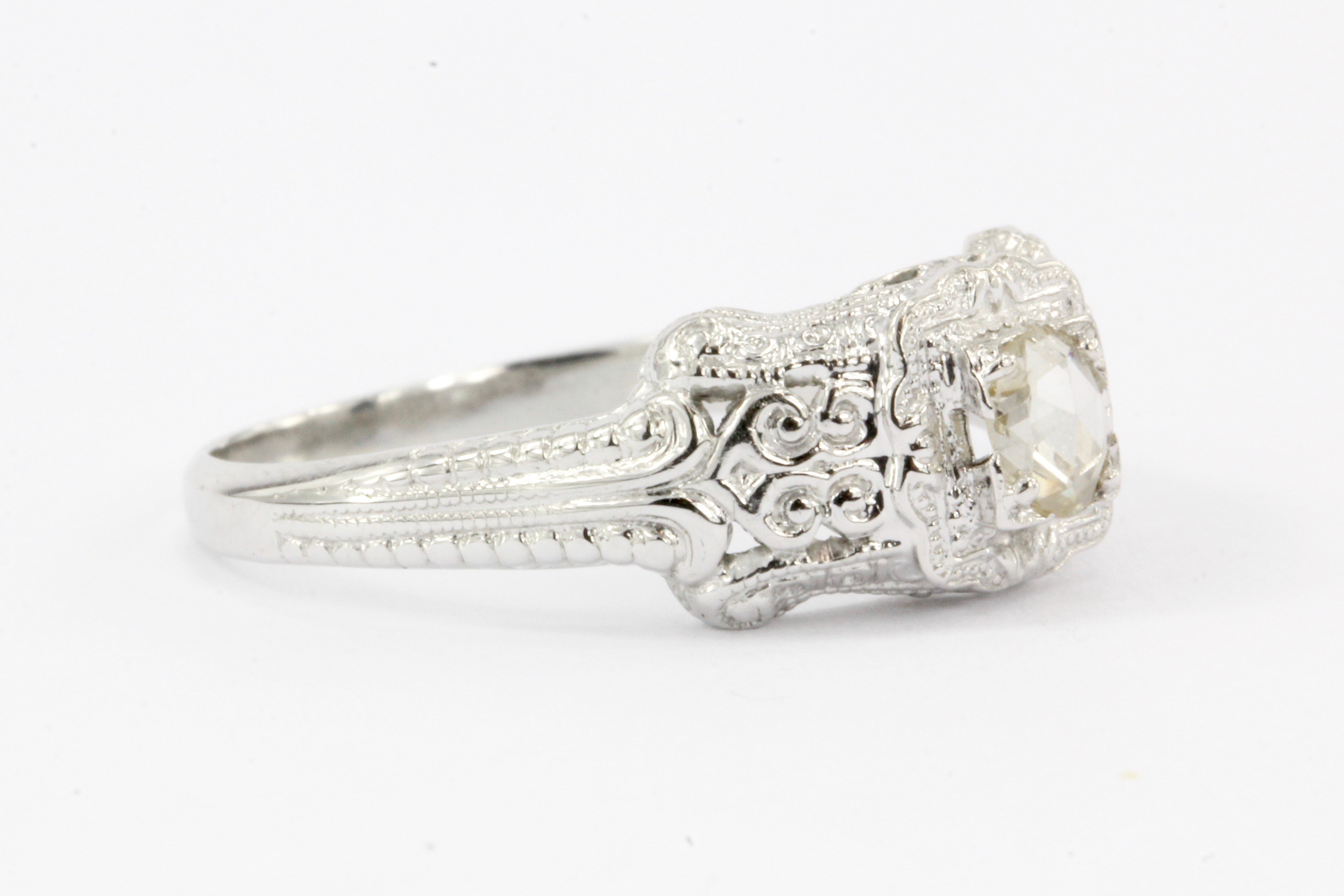 18K White Gold Rose Cut Diamond Edwardian Style Engagement Ring - Queen May