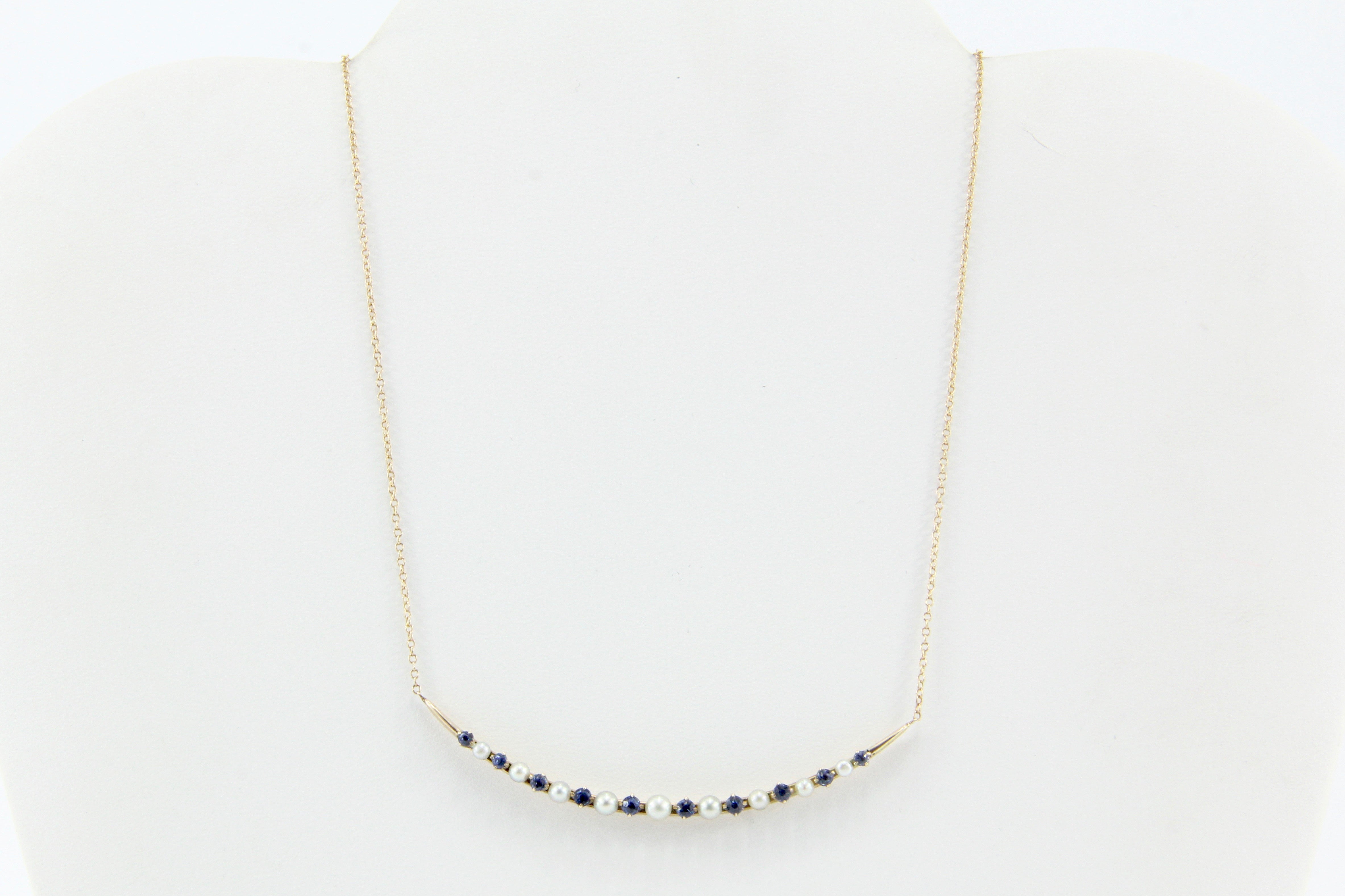 Victorian 14K Rose Gold Blue Sapphire & Pearl Crescent Moon Necklace c.1890's - Queen May