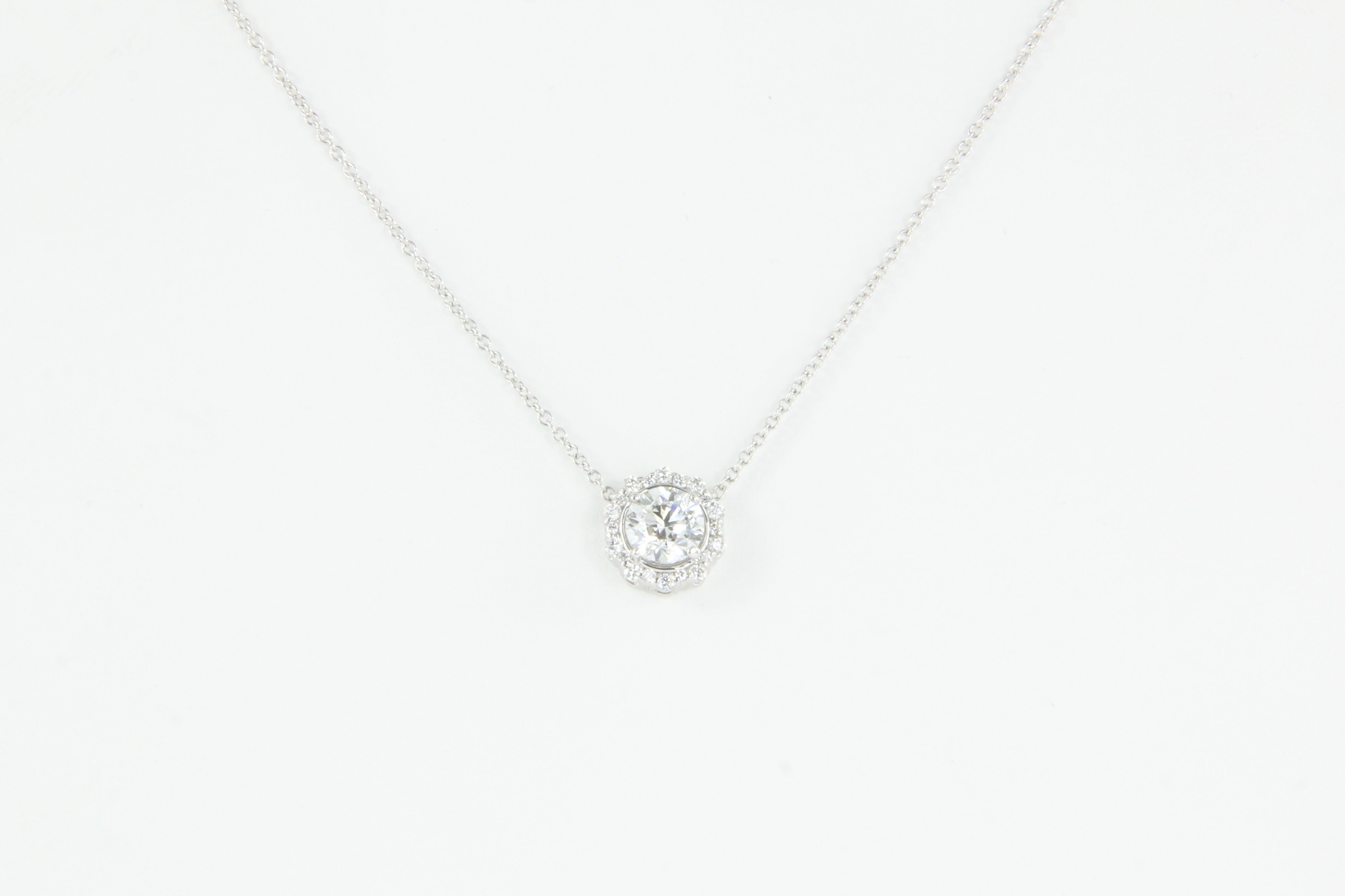18K White Gold 1 Carat Diamond Halo Pendant Necklace 1.2 CTW - Queen May