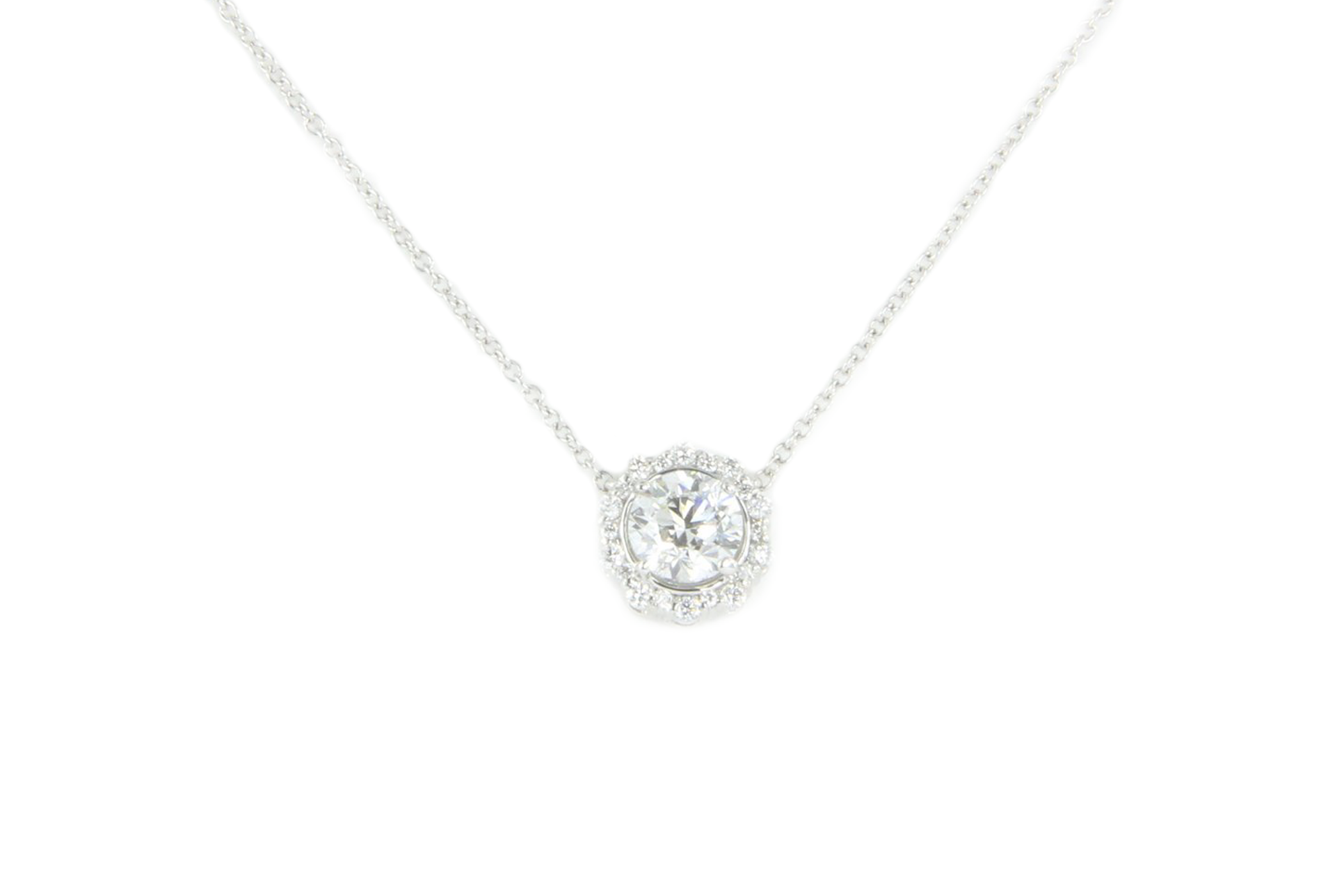 18K White Gold 1 Carat Diamond Halo Pendant Necklace 1.2 CTW - Queen May