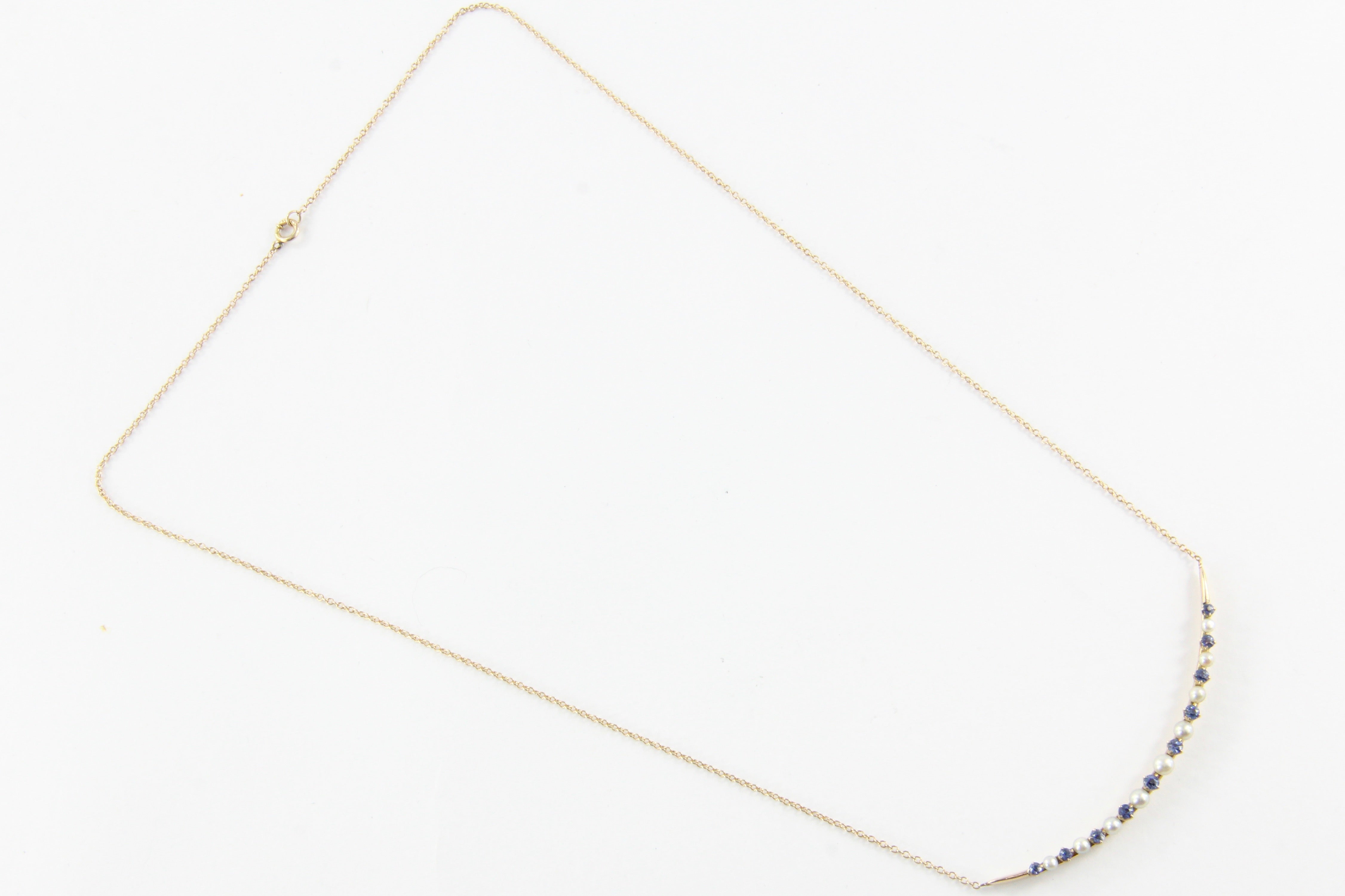 Victorian 14K Rose Gold Blue Sapphire & Pearl Crescent Moon Necklace c.1890's - Queen May