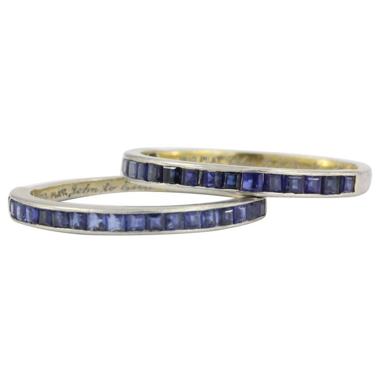 Tiffany & Co Platinum Sapphire Half Eternity Band Rings Pair c.1945 - Queen May