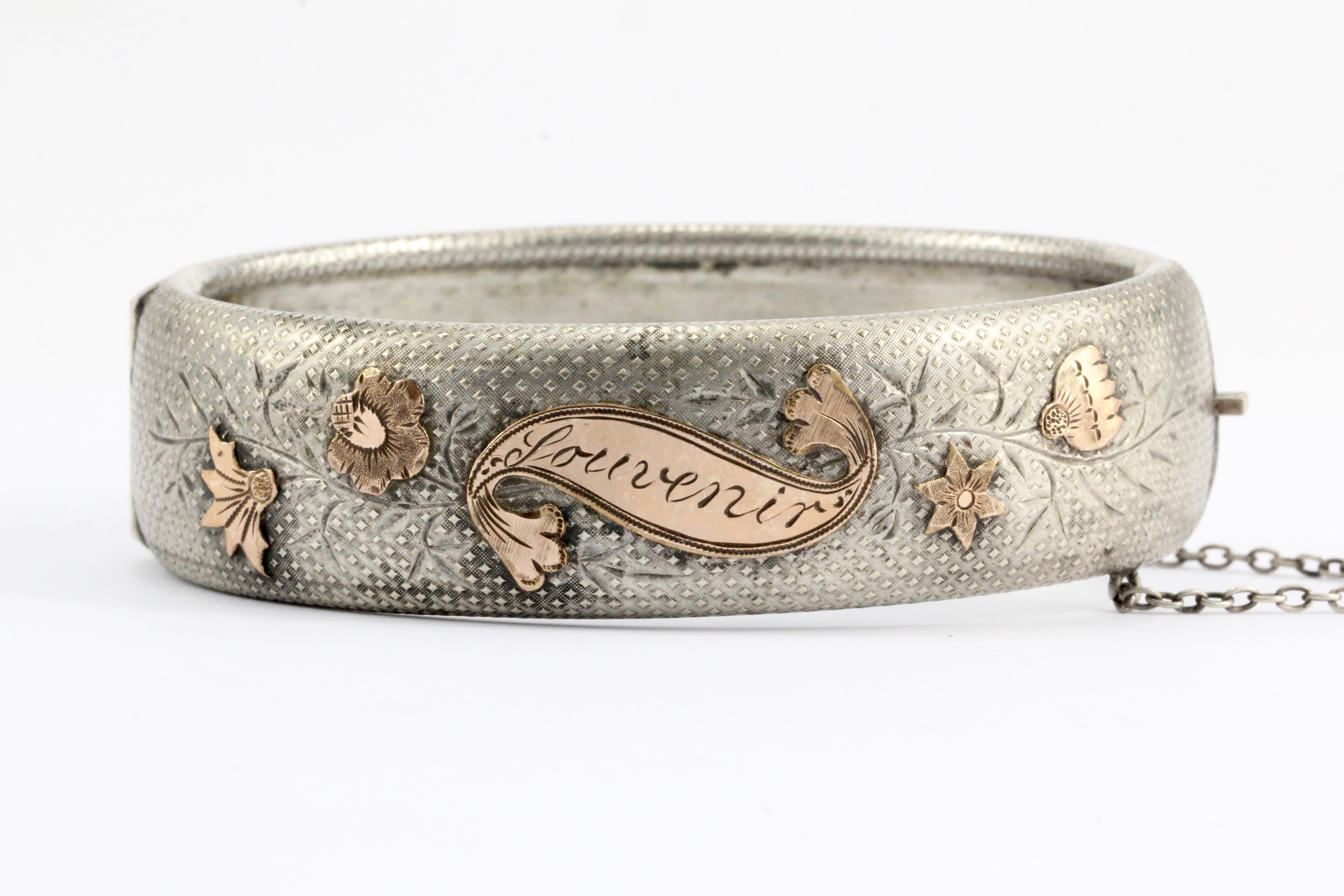 Victorian Mixed Metal 800 Silver & Rose Gold "Souvenir" Bangle Bracelet c.1870's - Queen May