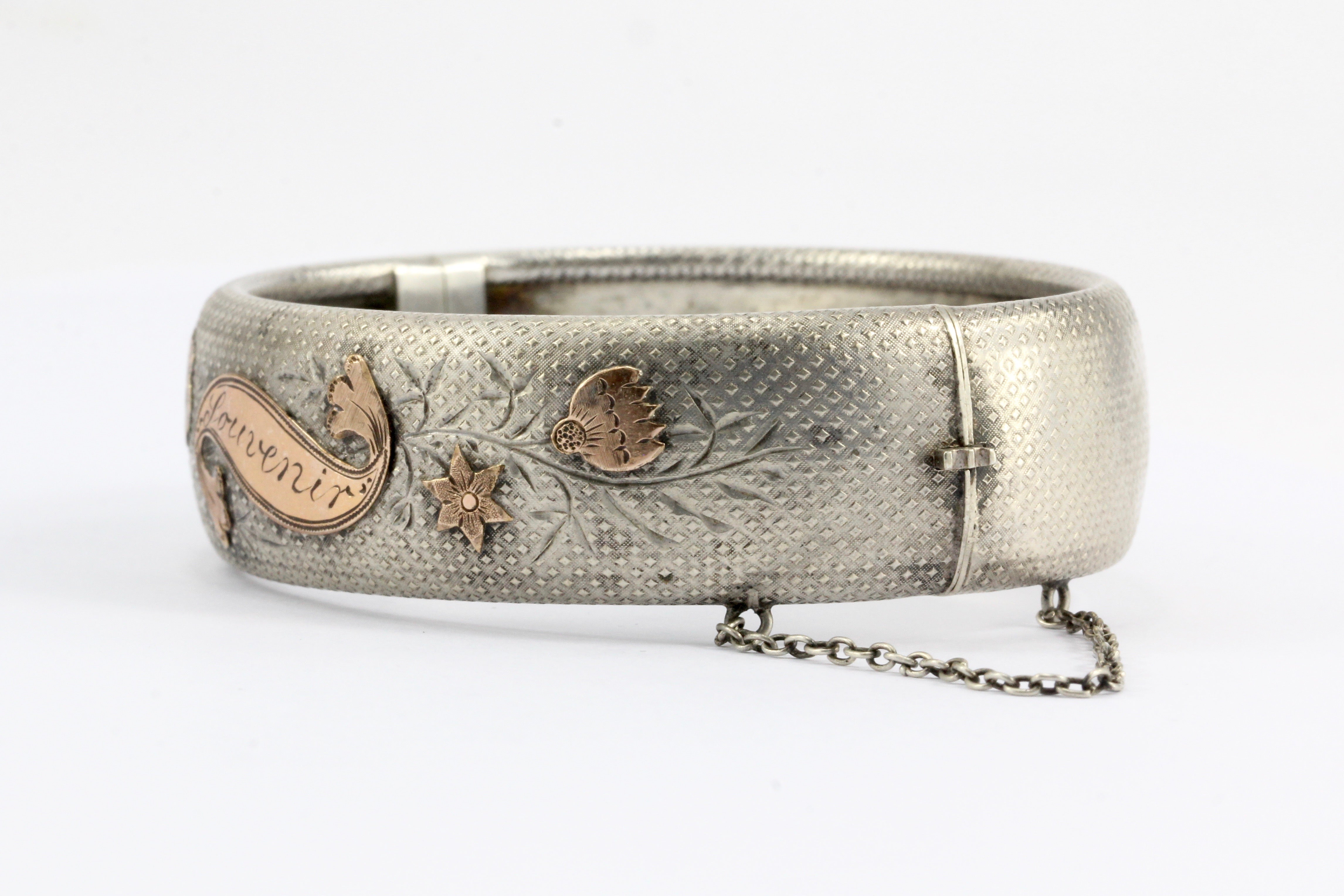 Victorian Mixed Metal 800 Silver & Rose Gold "Souvenir" Bangle Bracelet c.1870's - Queen May
