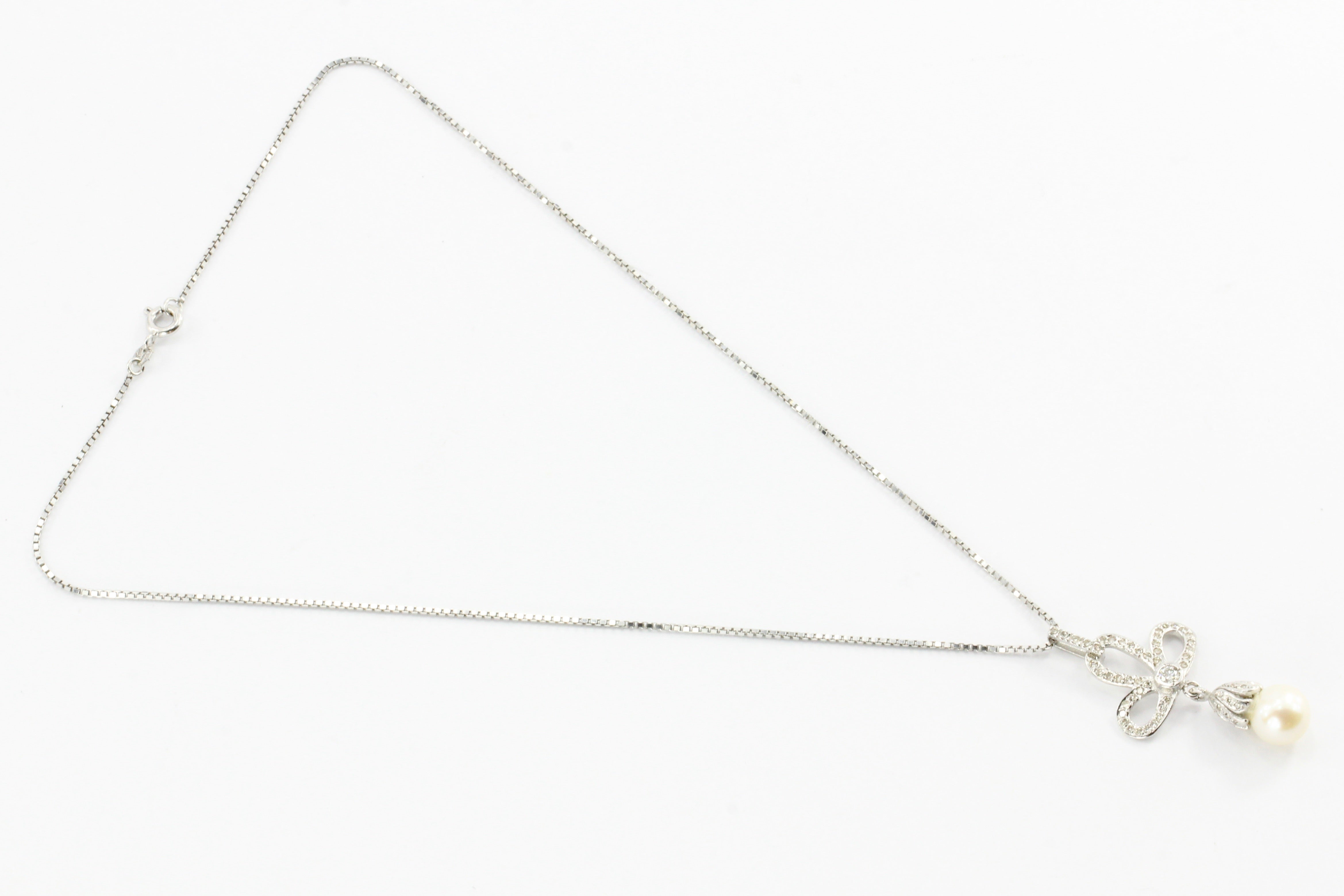 18K White Gold Diamond & Pearl Trefoil Drop Necklace - Queen May