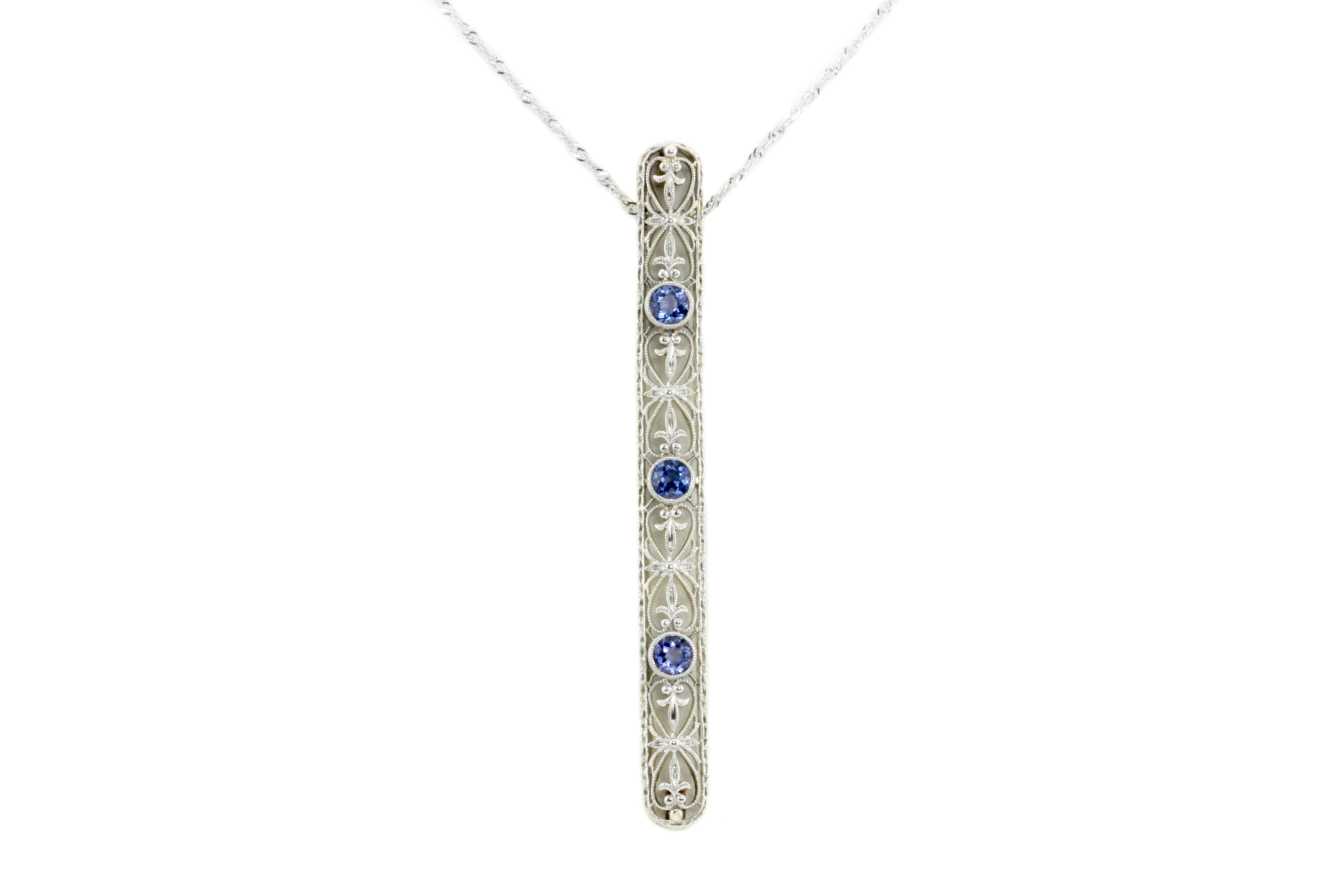 Edwardian 14K White Gold Sapphire Drop Pendant Necklace c.1900 - Queen May