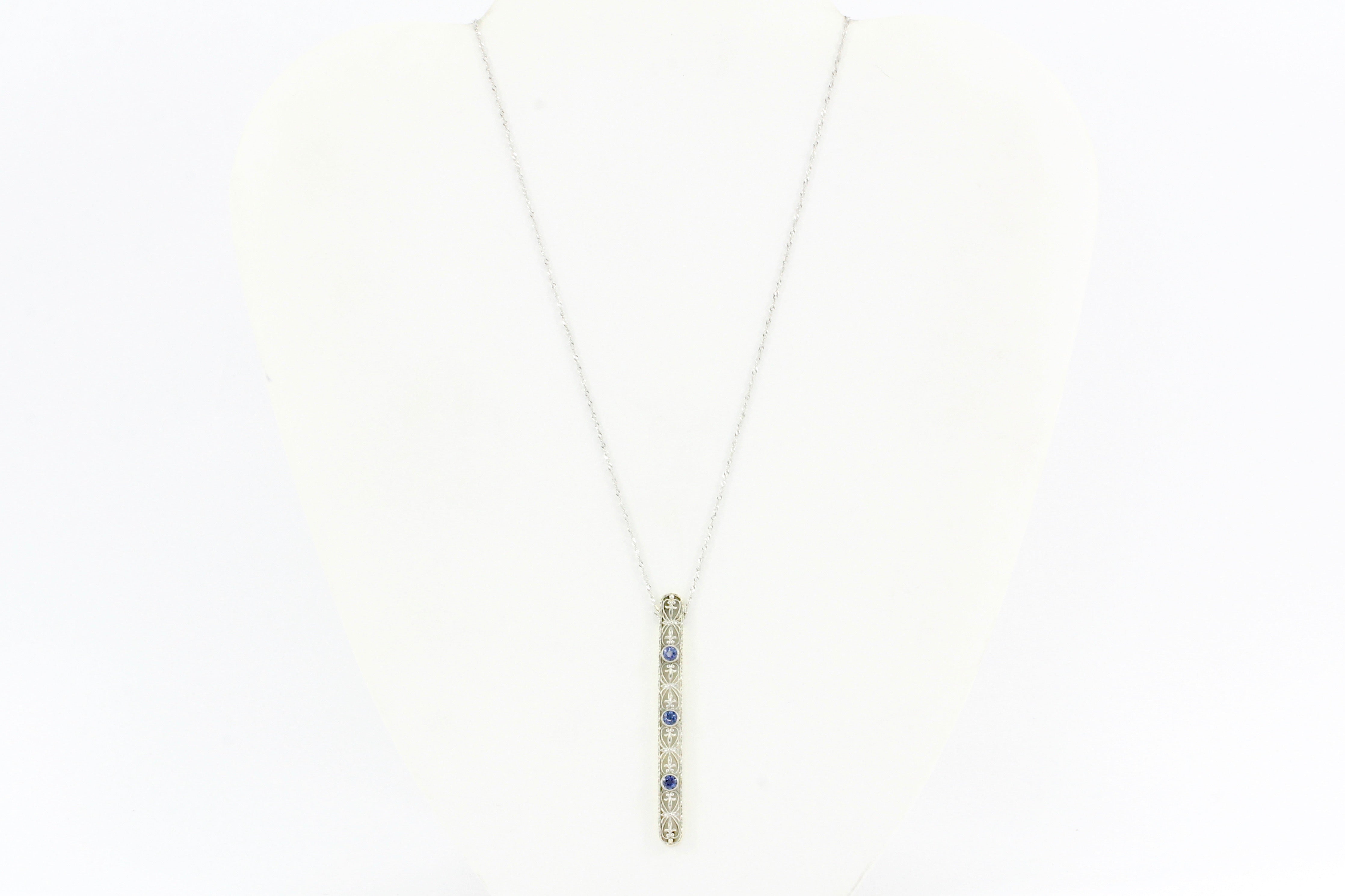 Edwardian 14K White Gold Sapphire Drop Pendant Necklace c.1900 - Queen May