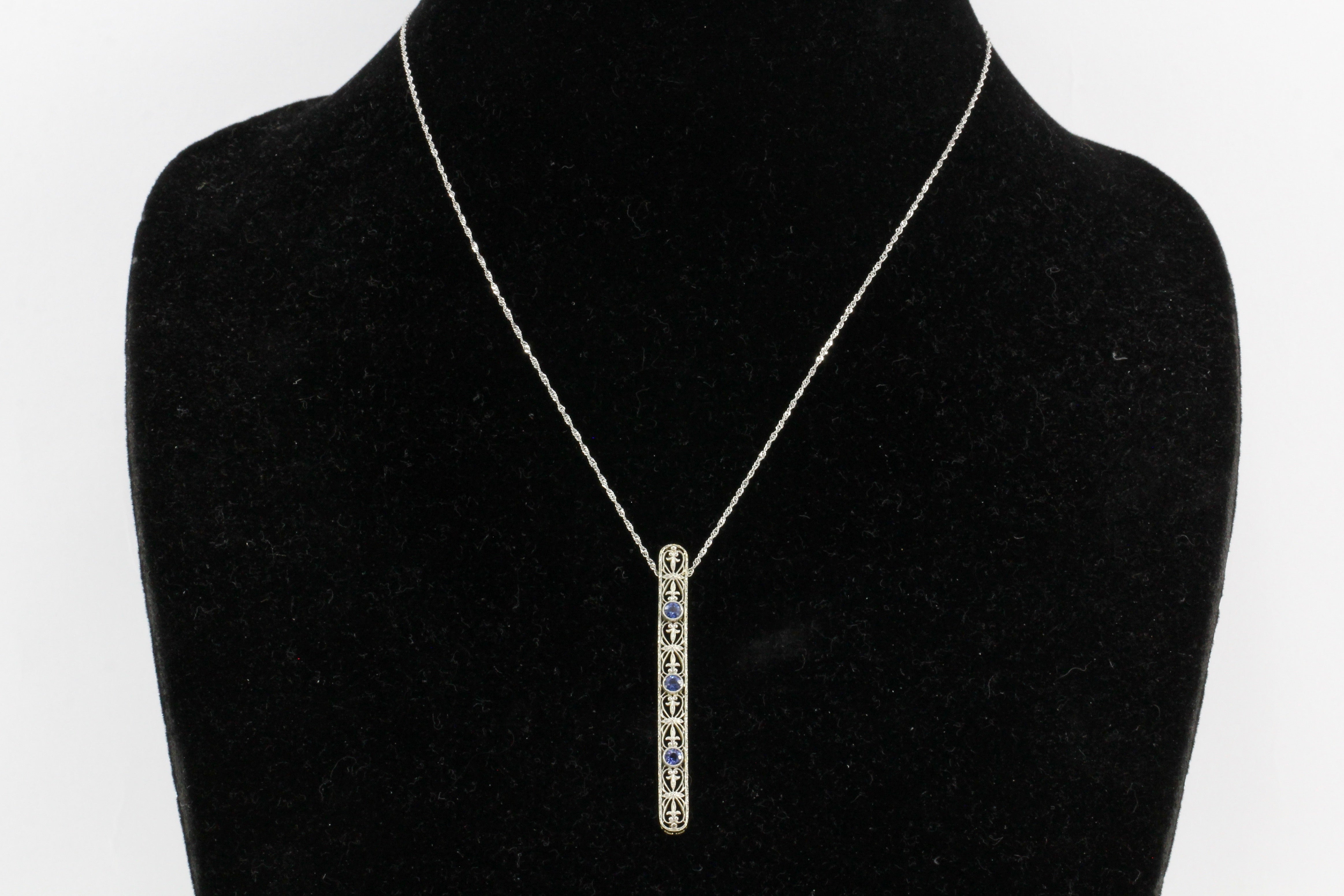 Edwardian 14K White Gold Sapphire Drop Pendant Necklace c.1900 - Queen May