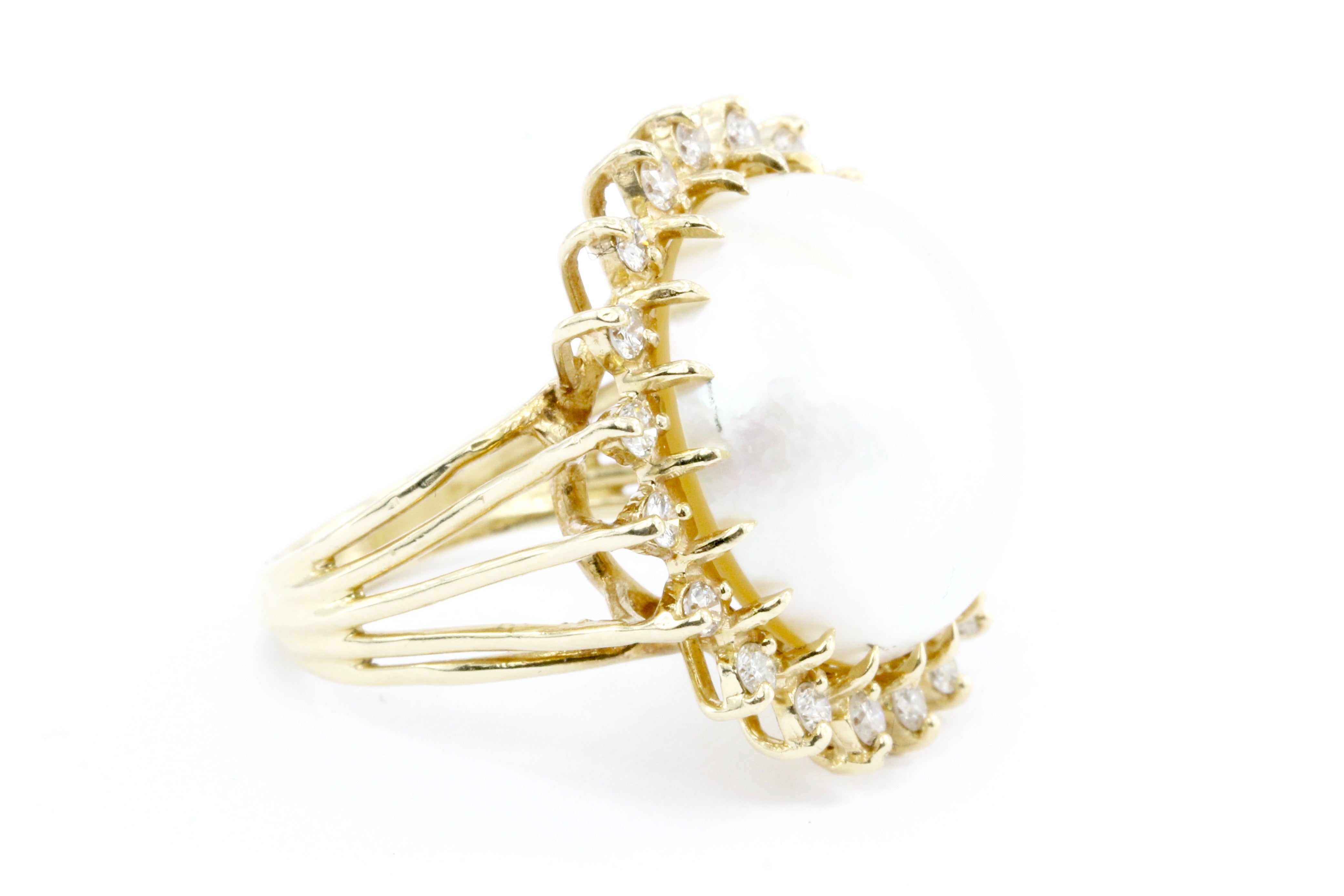 14k Gold Mabe Pearl & Diamond Halo Ring - Queen May