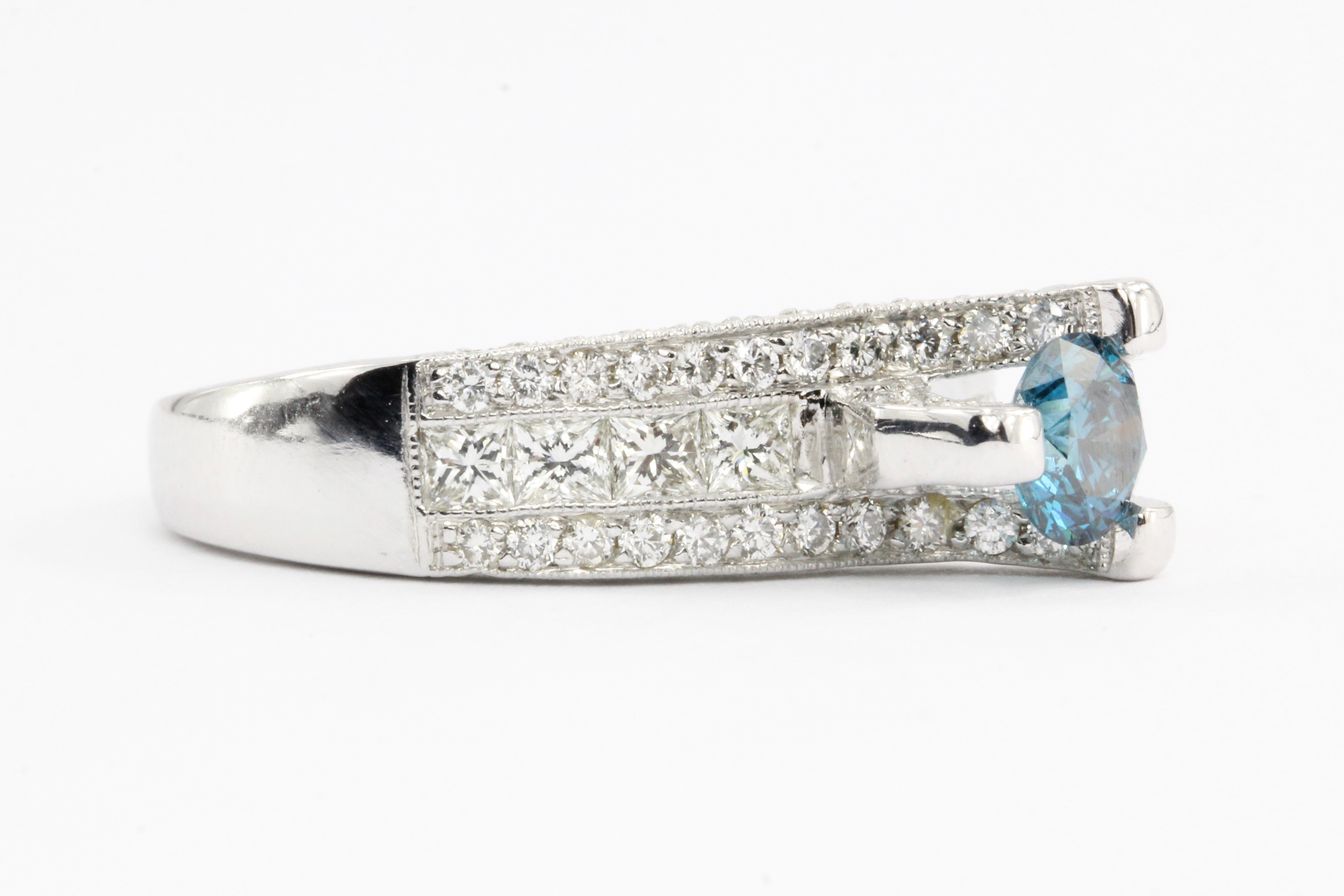 14K White Gold Blue Diamond Solitaire w/ White Diamond Accents Engagement Ring - Queen May