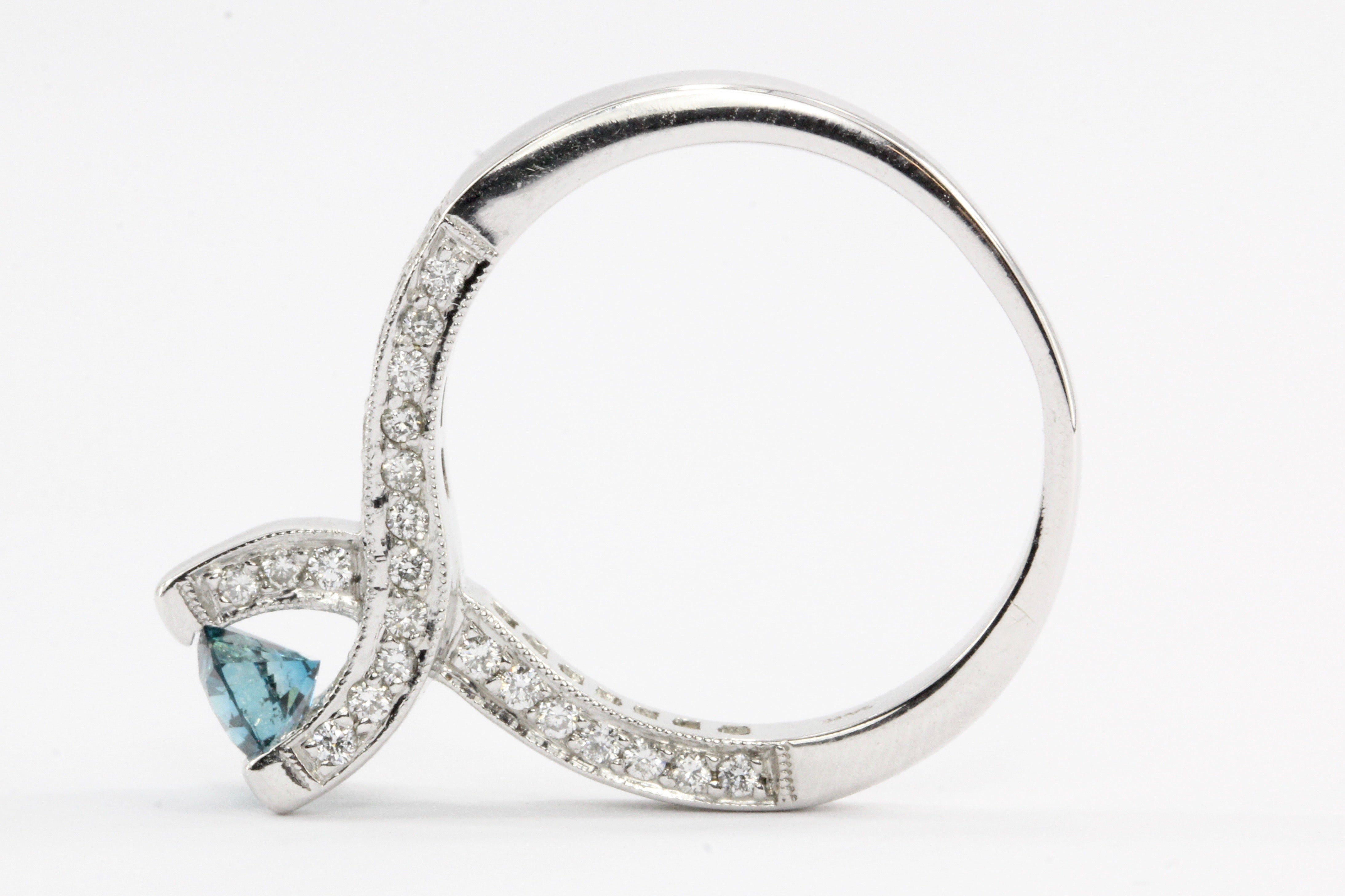 14K White Gold Blue Diamond Solitaire w/ White Diamond Accents Engagement Ring - Queen May