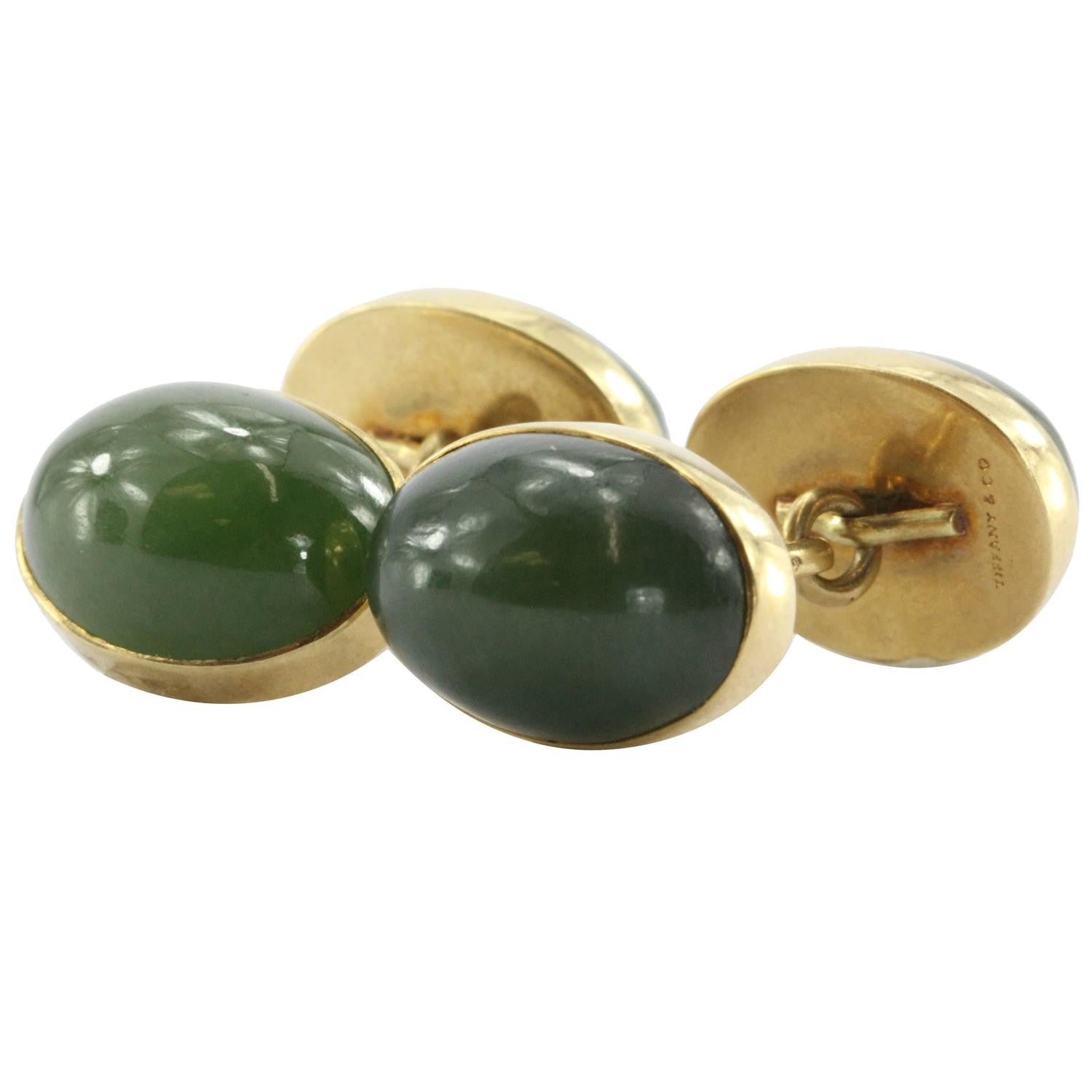 Antique Tiffany & Co 18K Gold & Green Jade Cufflinks - Queen May