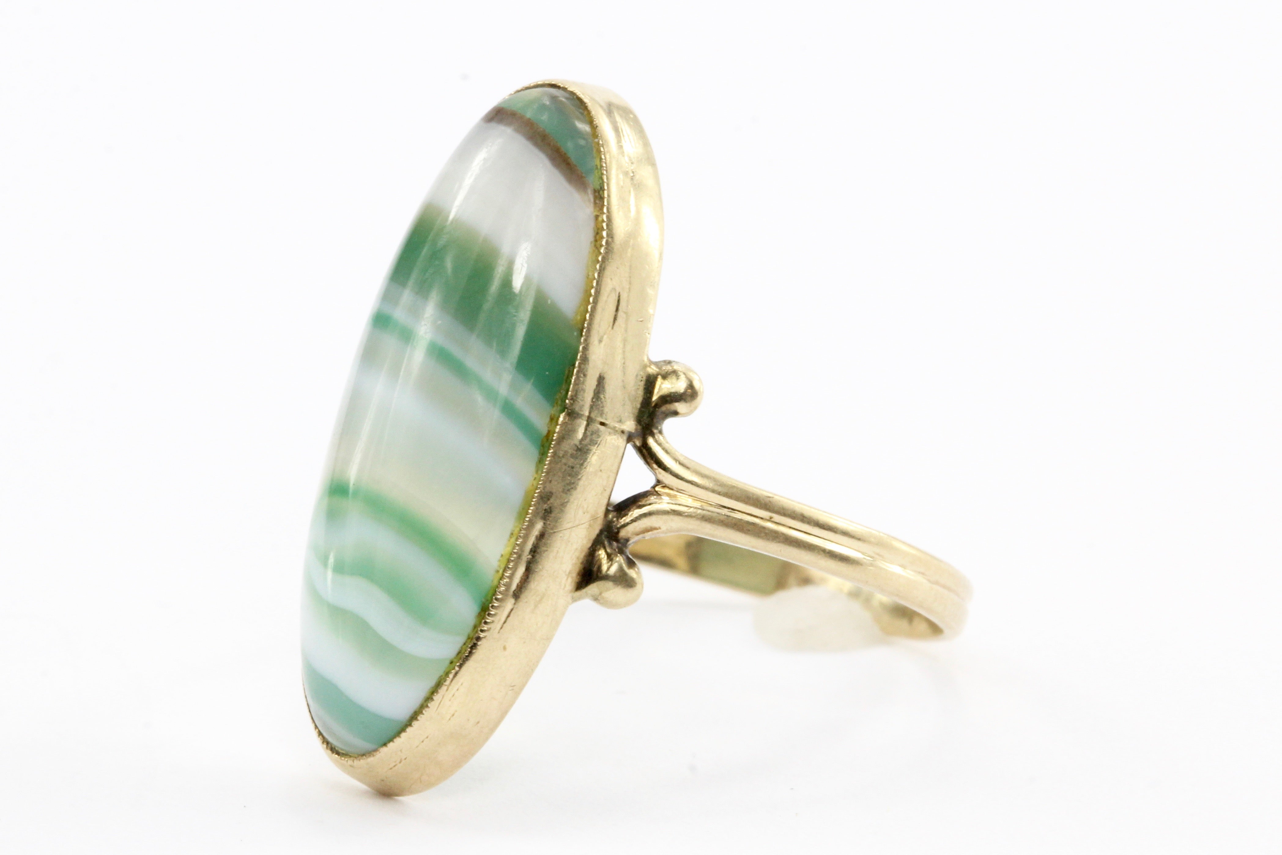 Victorian 10K Gold Green Banded Agate Ring c.1880's - Queen May
