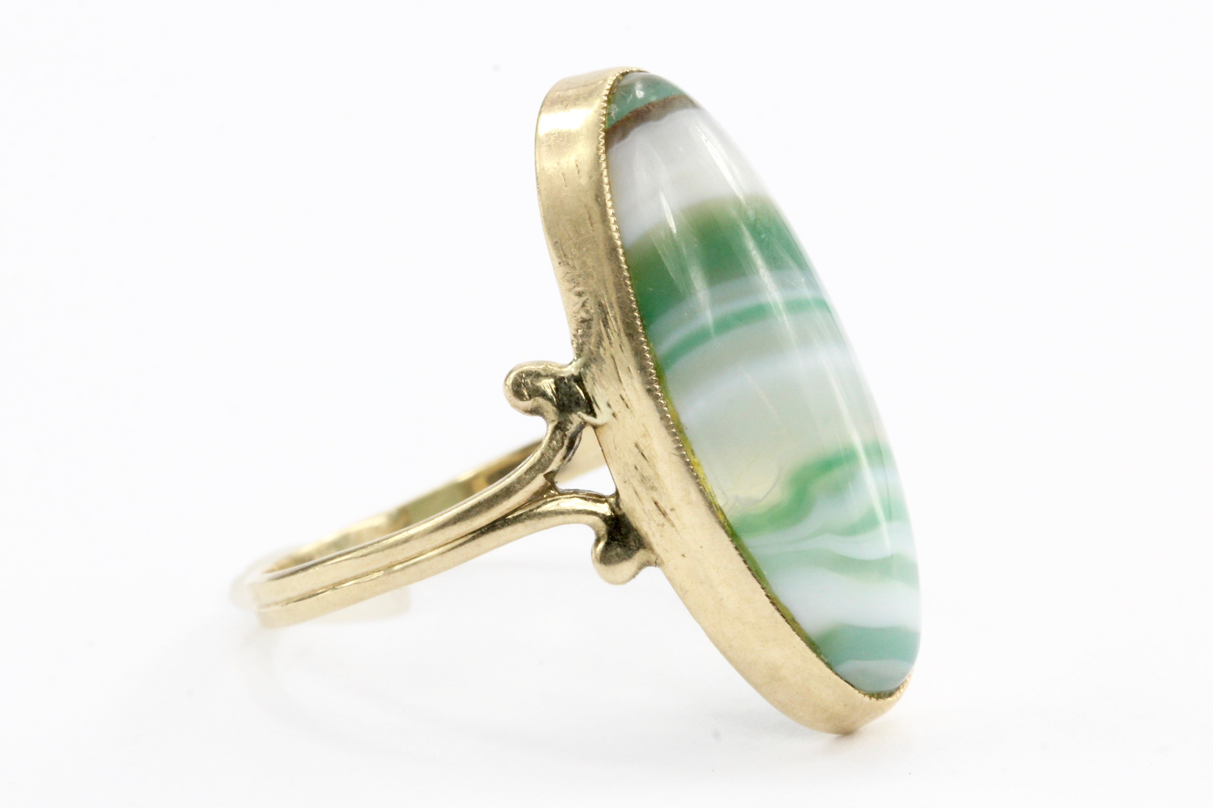 Victorian 10K Gold Green Banded Agate Ring c.1880's - Queen May