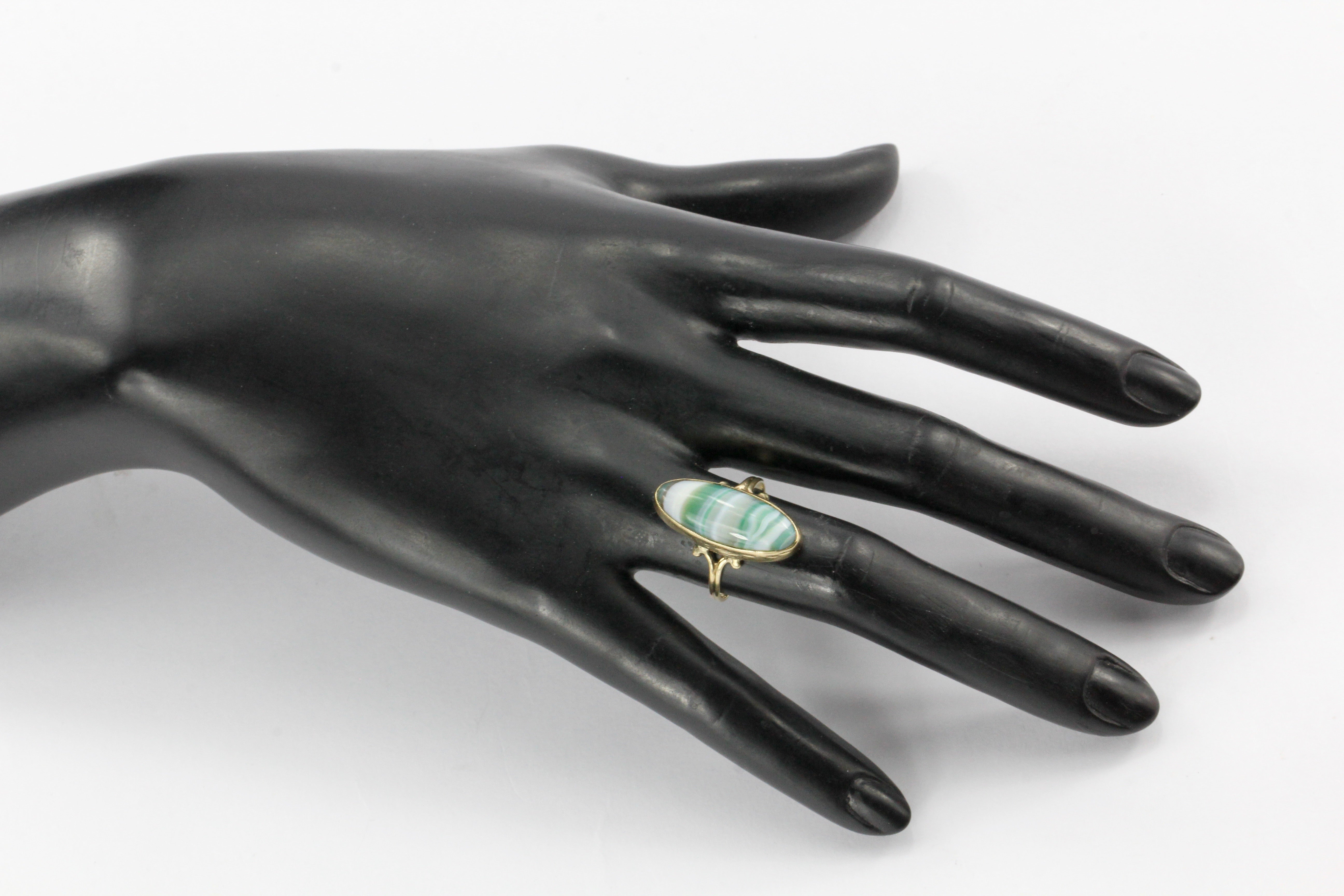 Victorian 10K Gold Green Banded Agate Ring c.1880's - Queen May