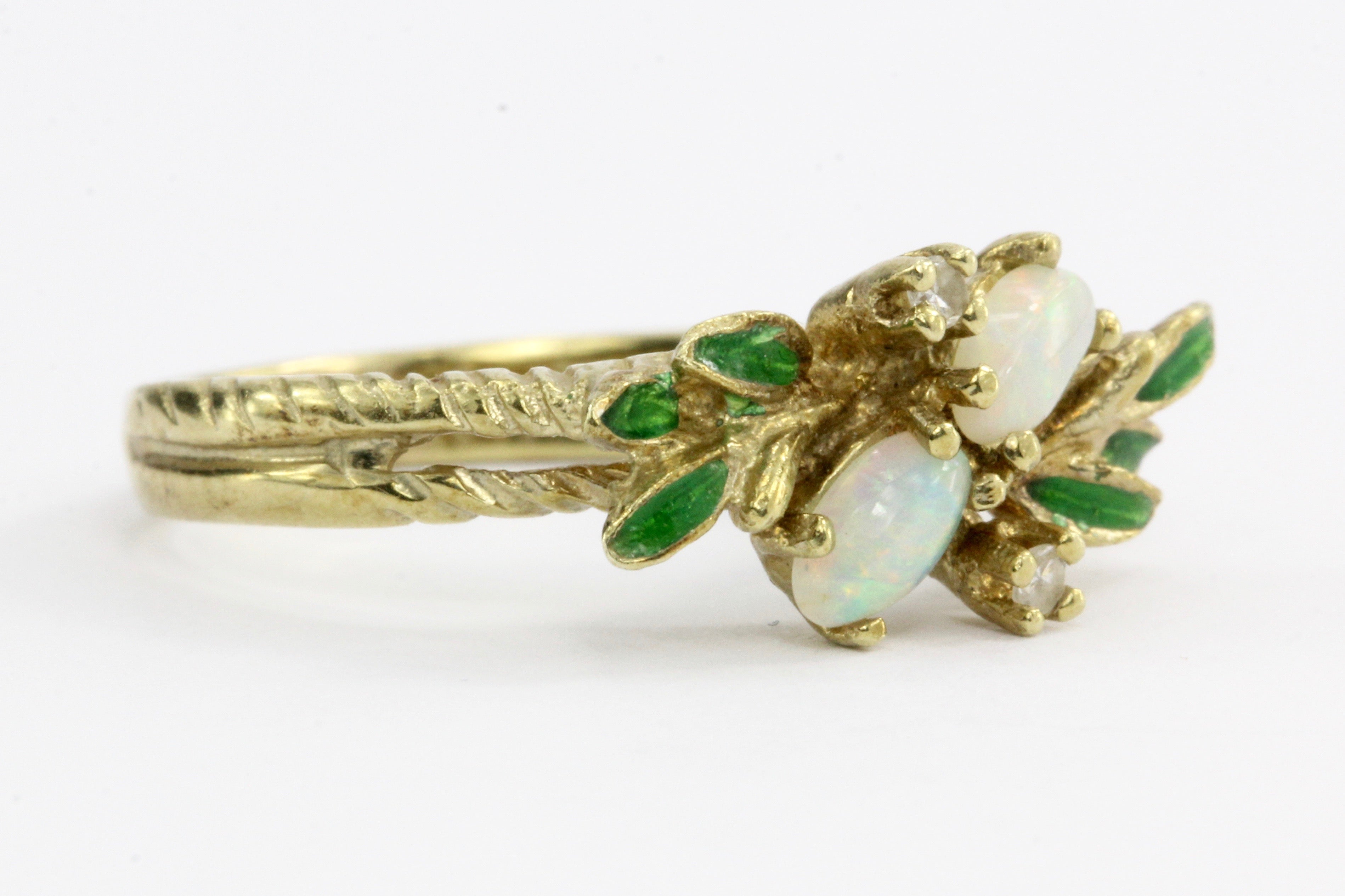 Retro 14K Gold Opal Diamond & Enamel Leaf Ring C.1960's - Queen May