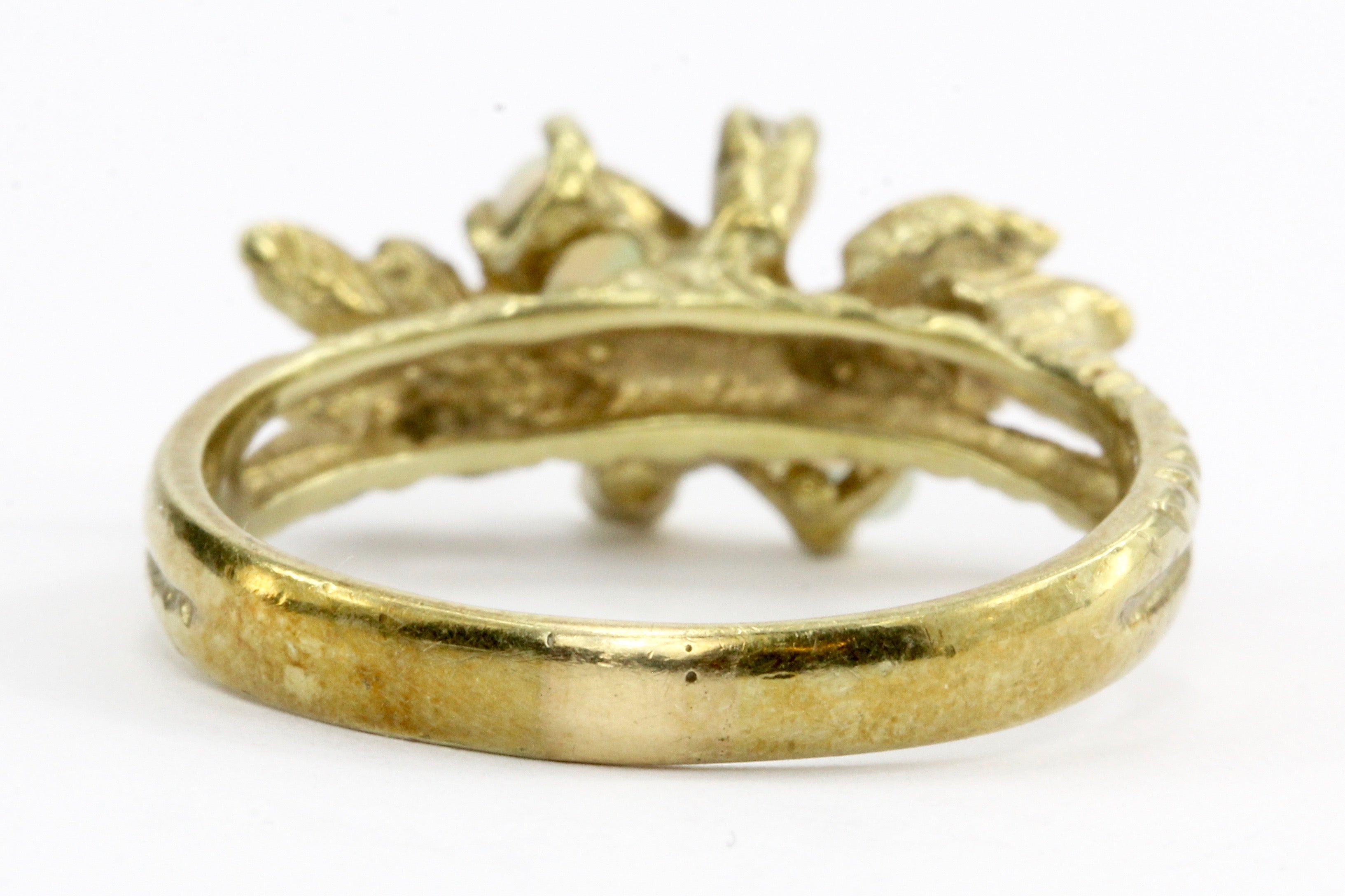 Retro 14K Gold Opal Diamond & Enamel Leaf Ring C.1960's - Queen May