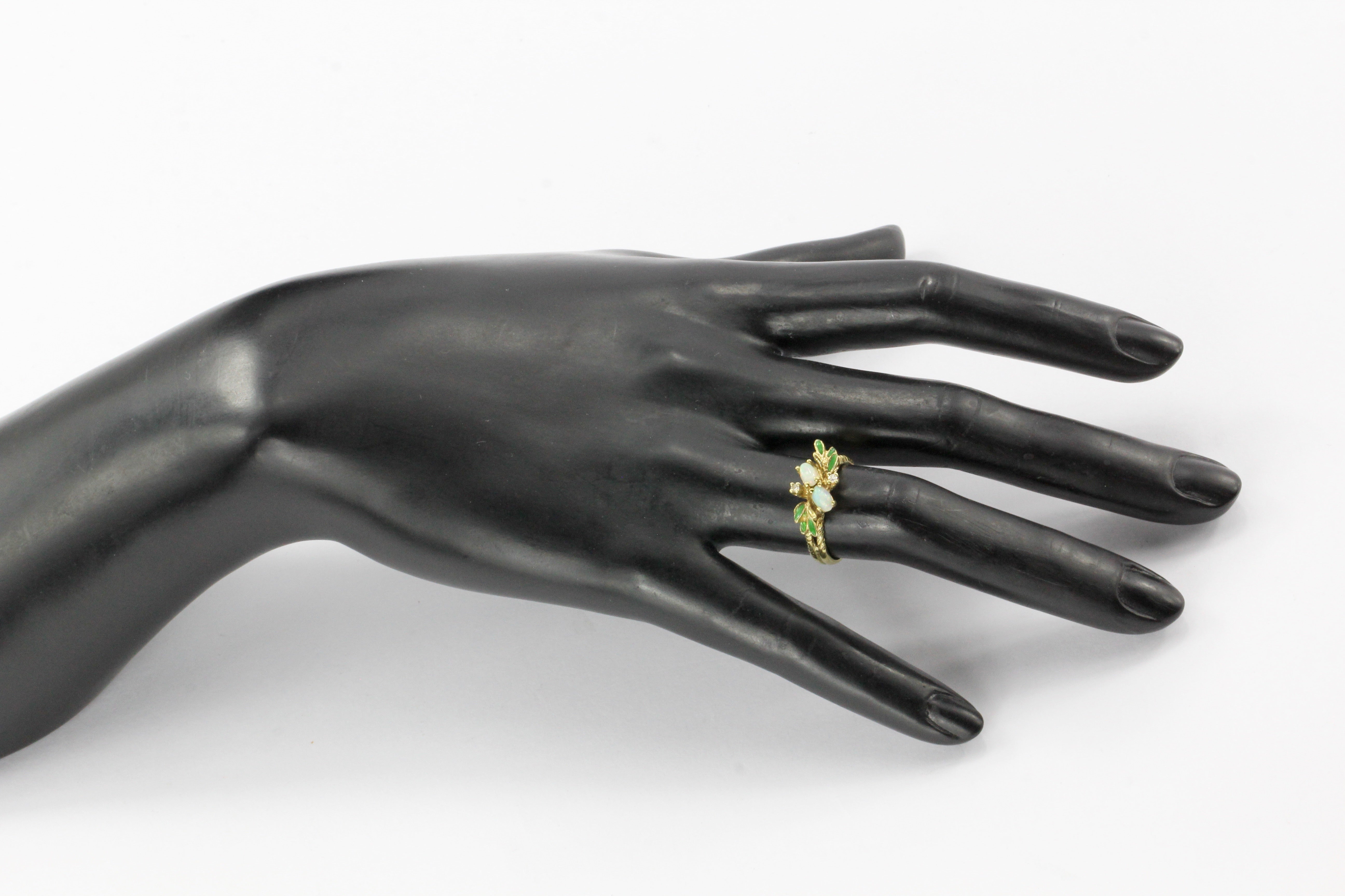 Retro 14K Gold Opal Diamond & Enamel Leaf Ring C.1960's - Queen May