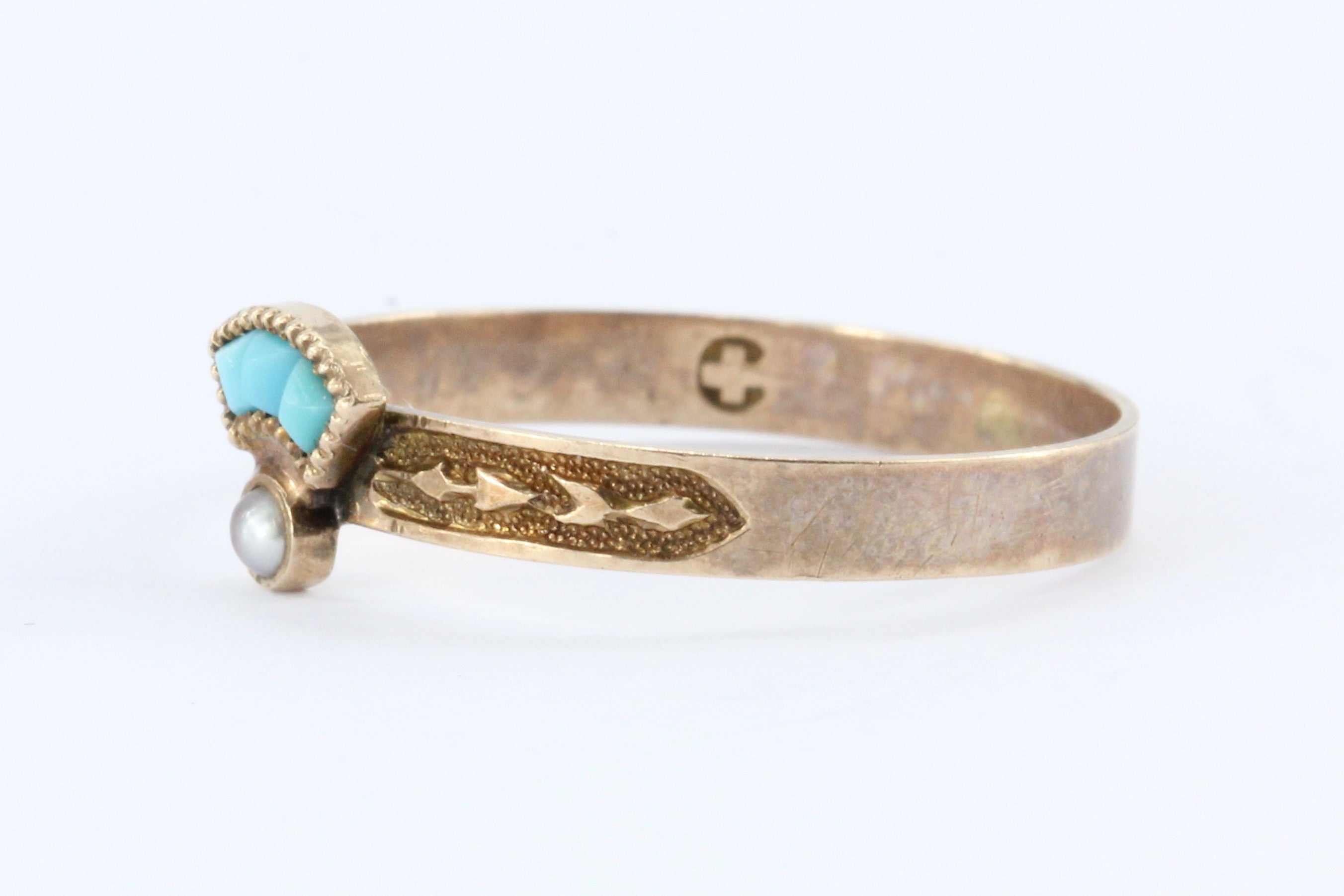 Victorian 10K Rose Gold Persian Turquoise Pearl Ring - Queen May