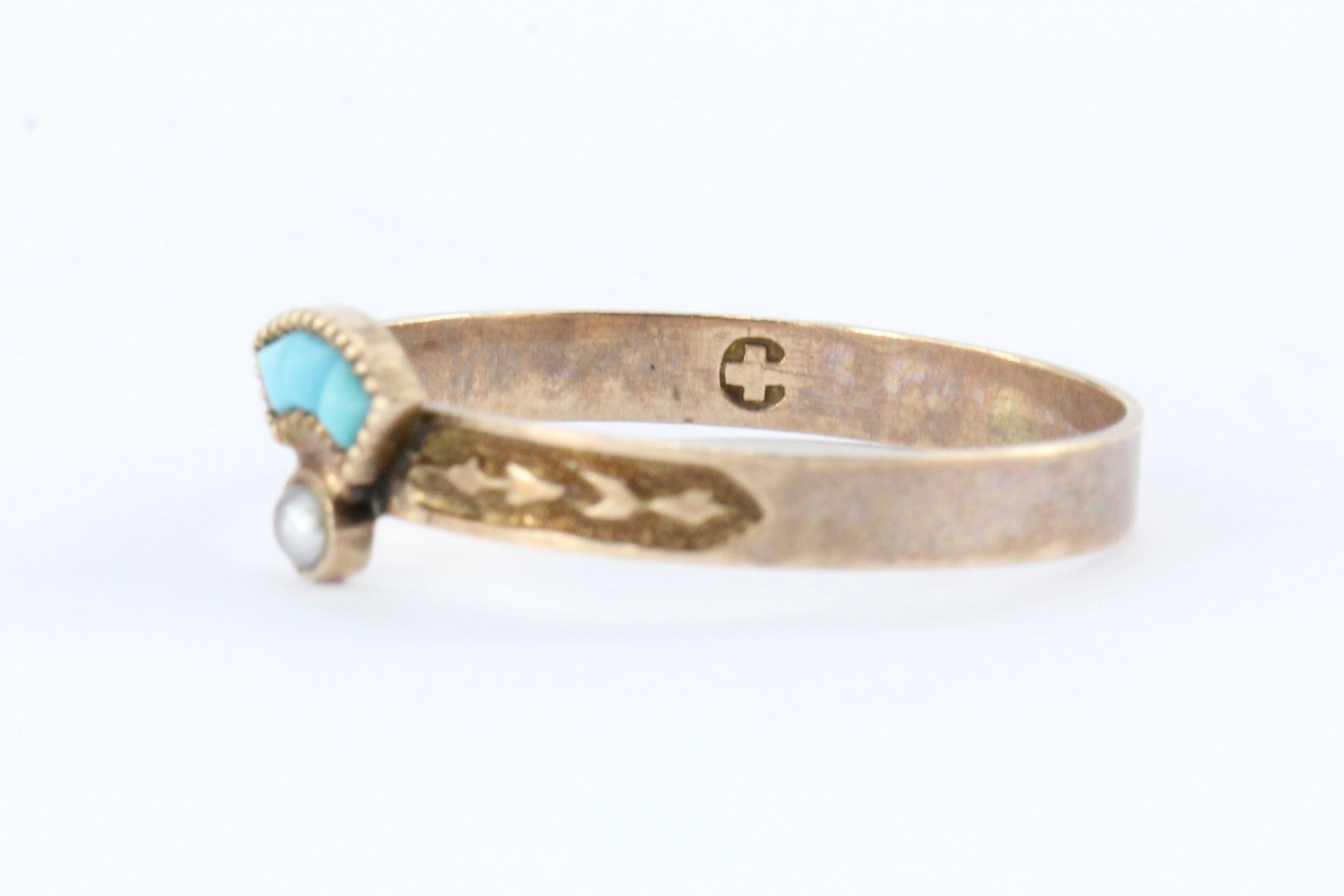 Victorian 10K Rose Gold Persian Turquoise Pearl Ring - Queen May