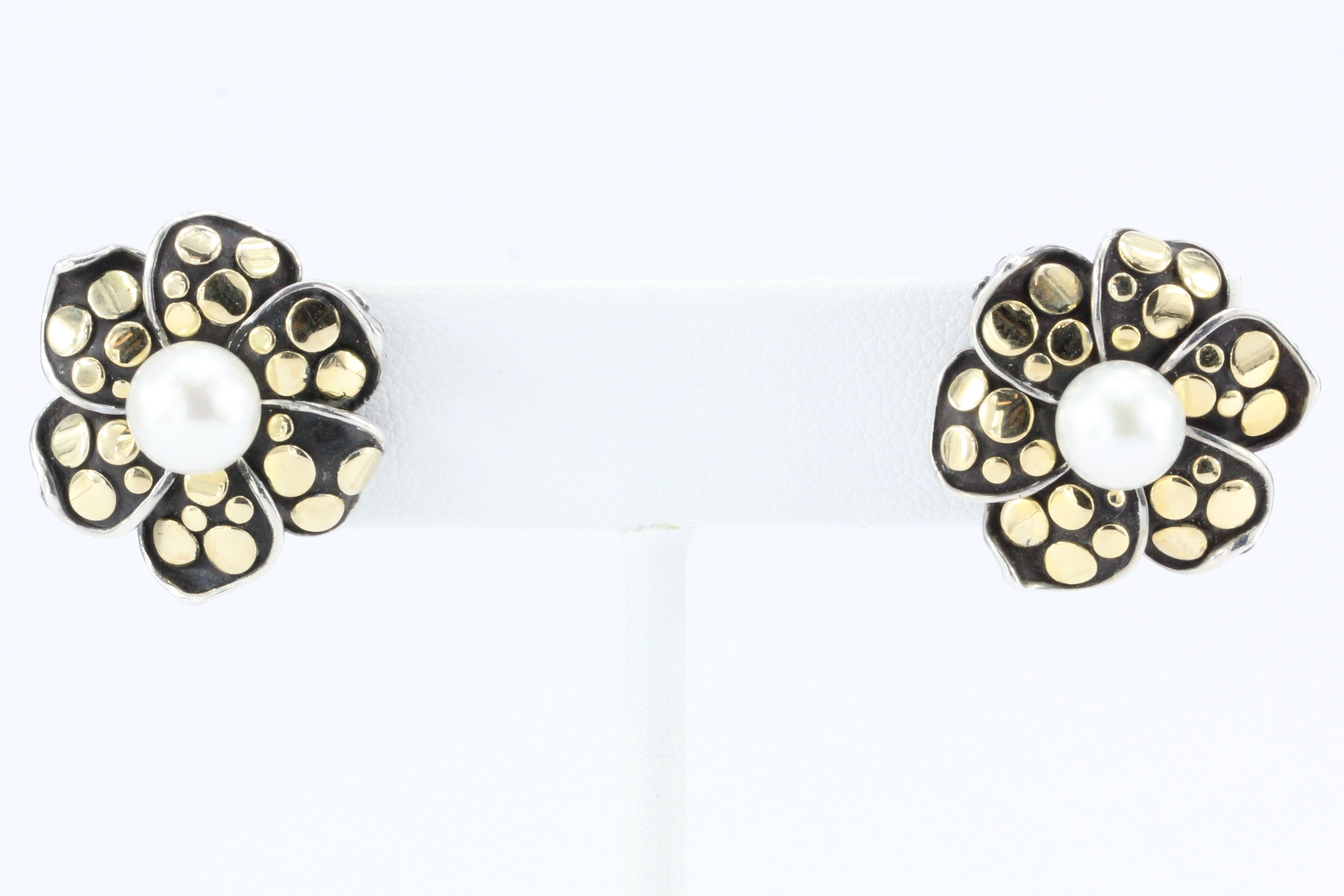 John Hardy 18K Gold Sterling Silver Pearl Flower Earrings - Queen May