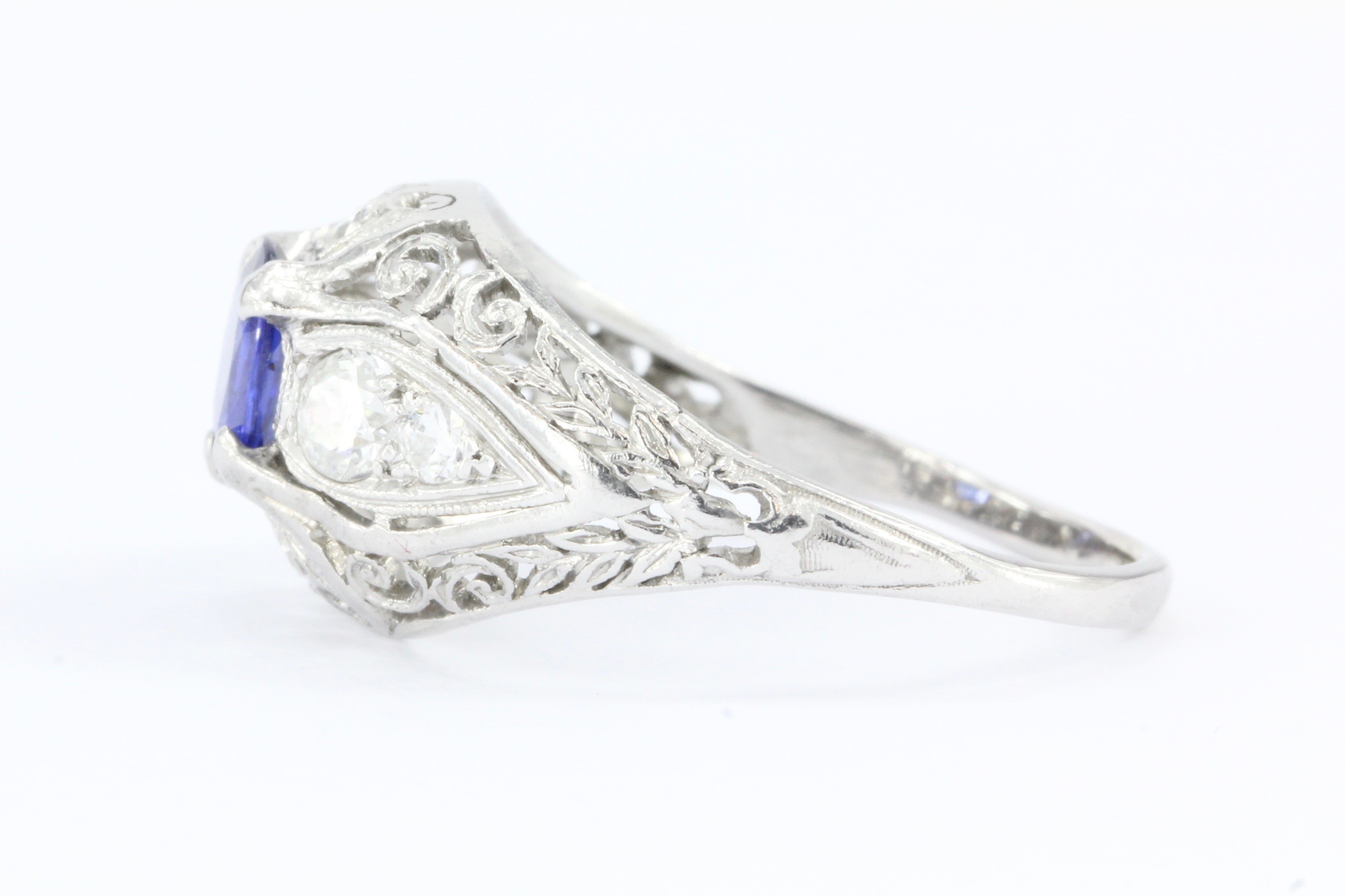 Art Deco Platinum Natural Sapphire & Old European Cut Diamond Ring c. 1920's - Queen May