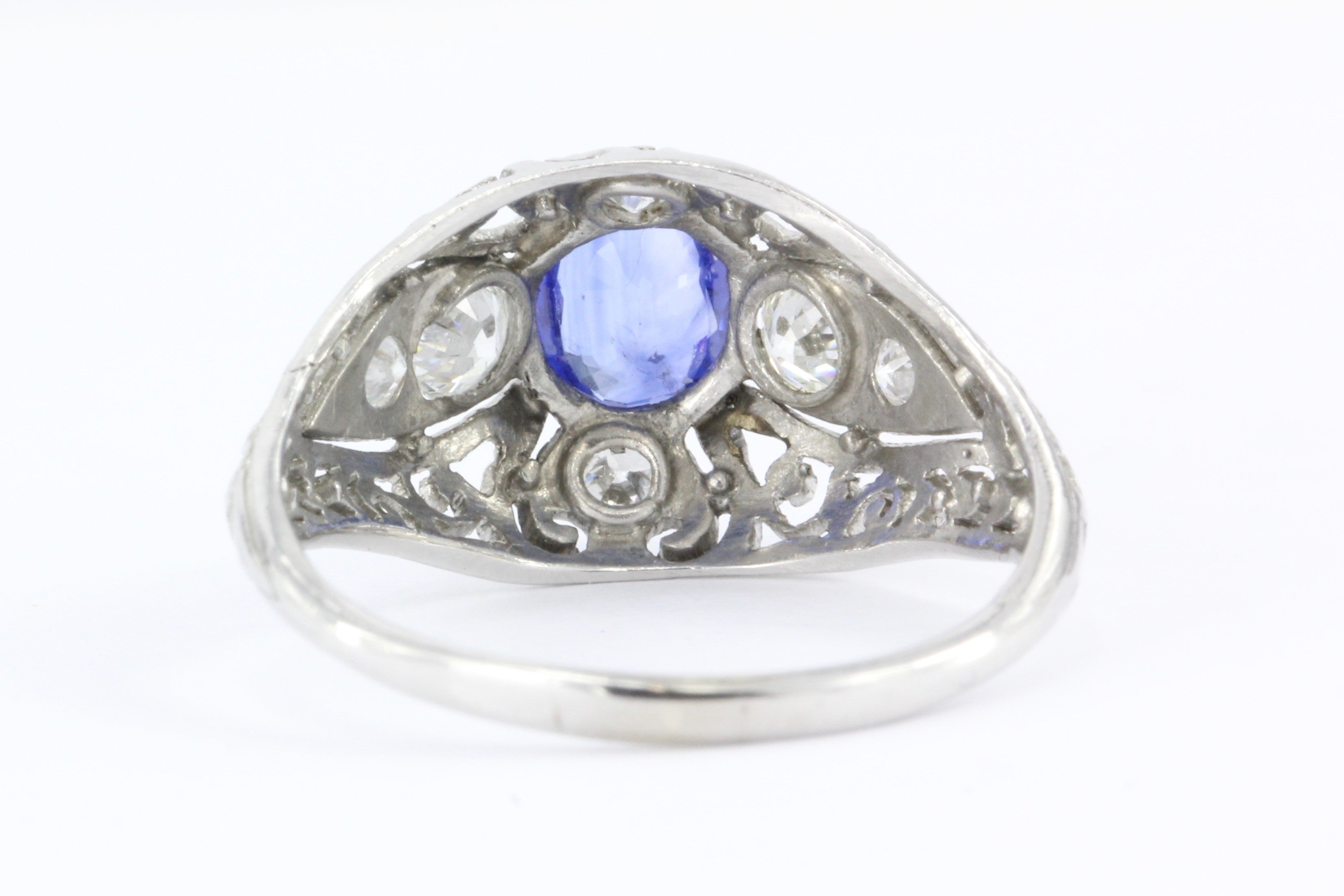 Art Deco Platinum Natural Sapphire & Old European Cut Diamond Ring c. 1920's - Queen May