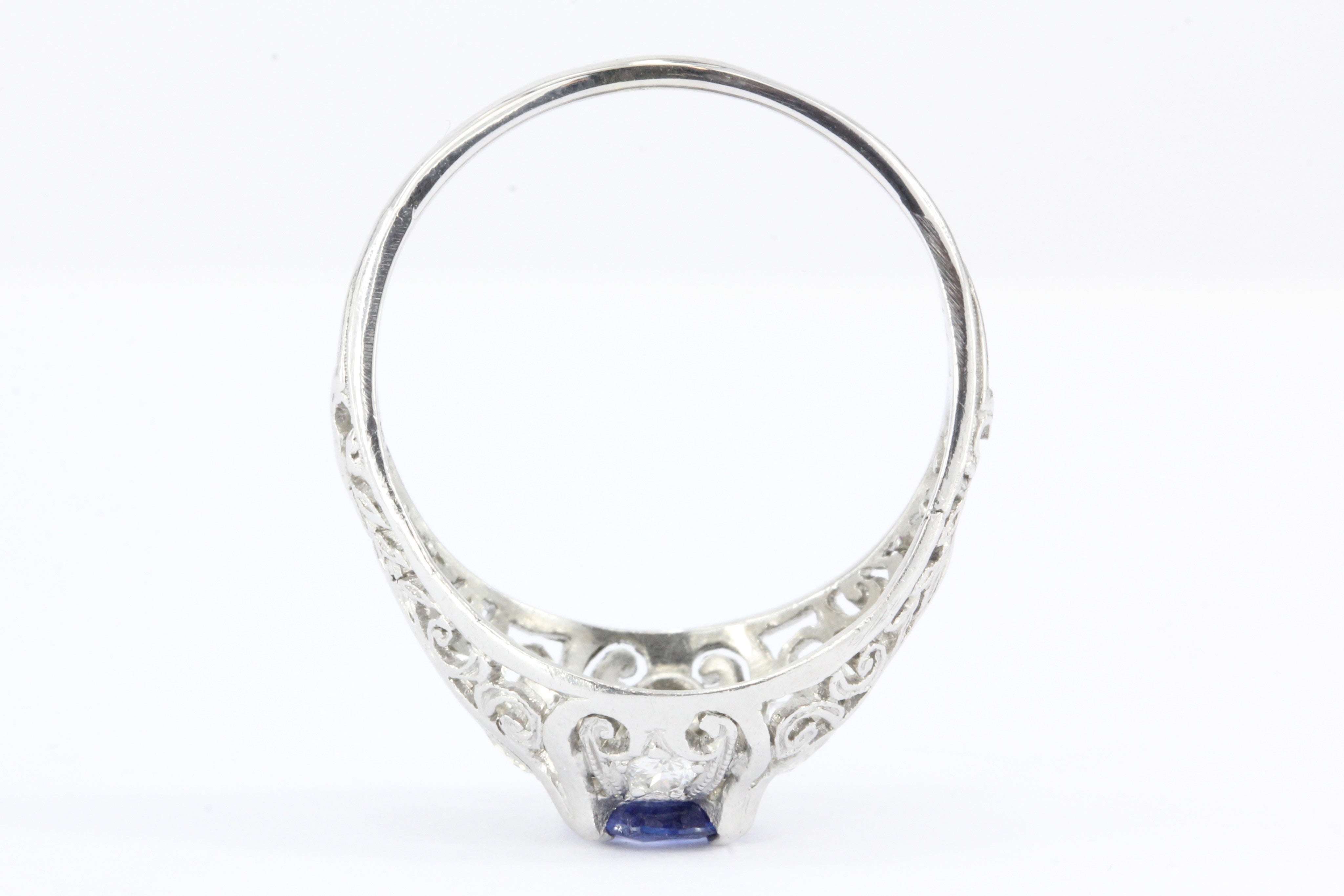 Art Deco Platinum Natural Sapphire & Old European Cut Diamond Ring c. 1920's - Queen May