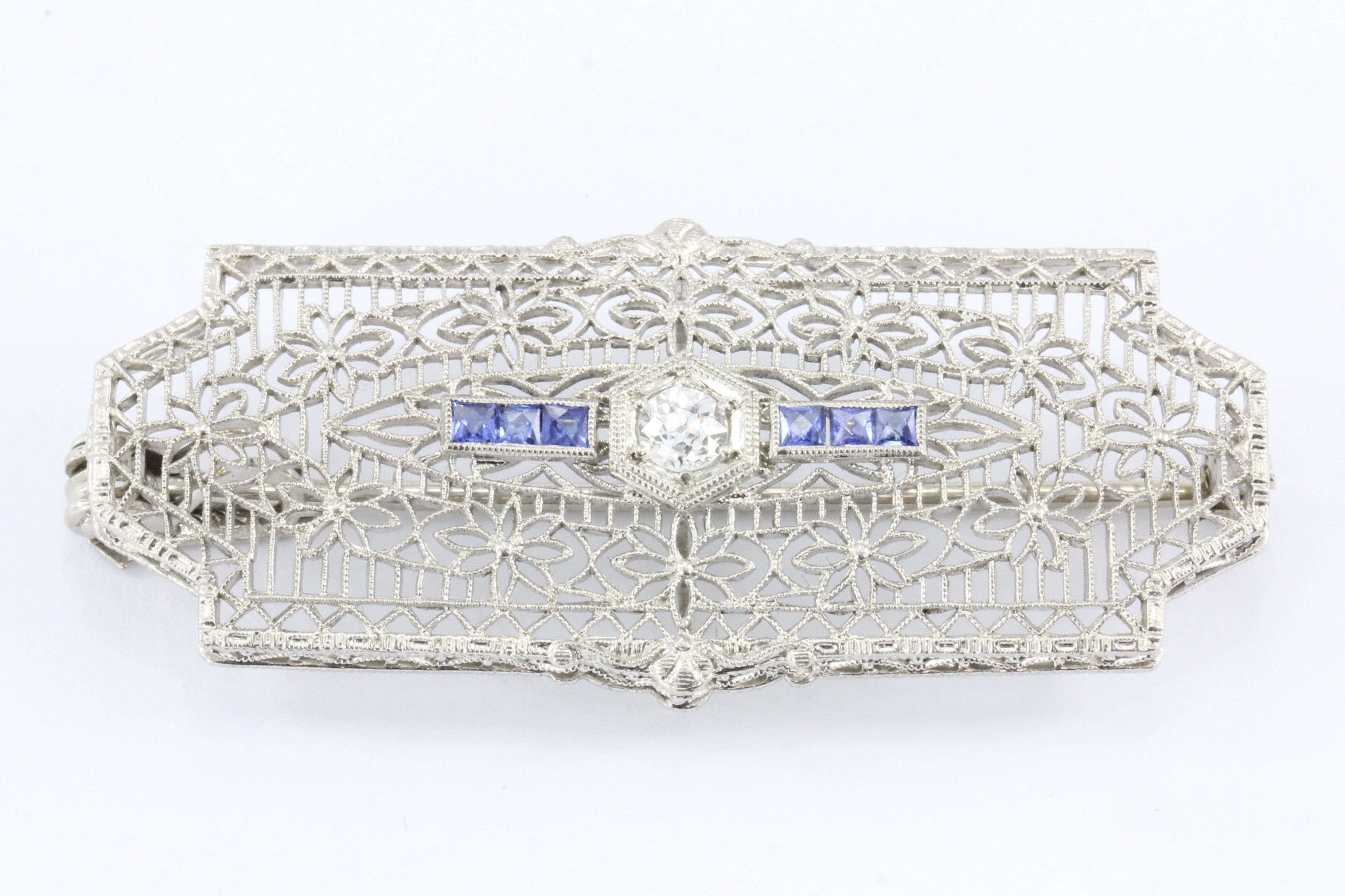 Edwardian 14K White Gold Diamond Sapphire Pendant / Brooch - Queen May