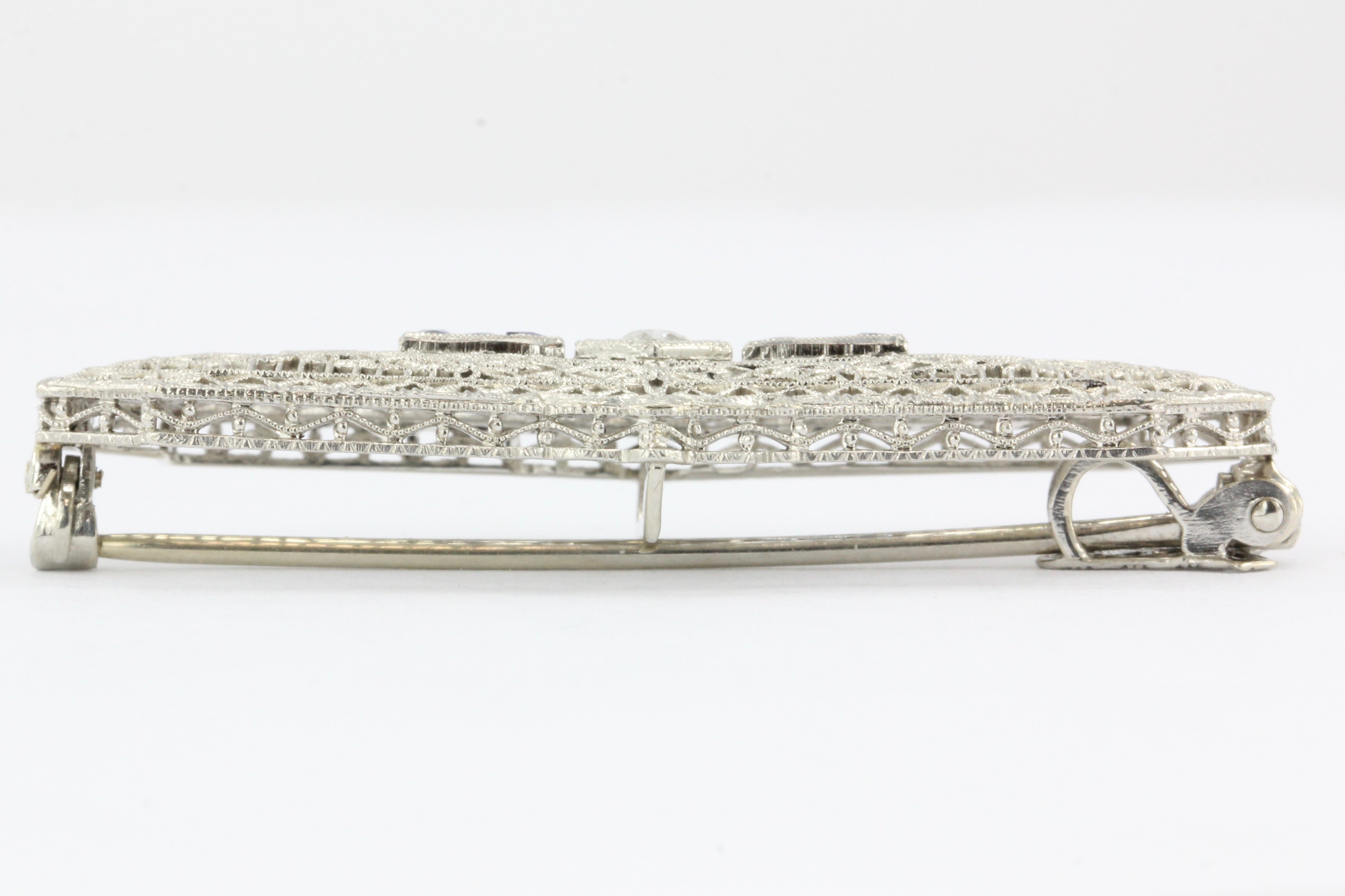 Edwardian 14K White Gold Diamond Sapphire Pendant / Brooch - Queen May
