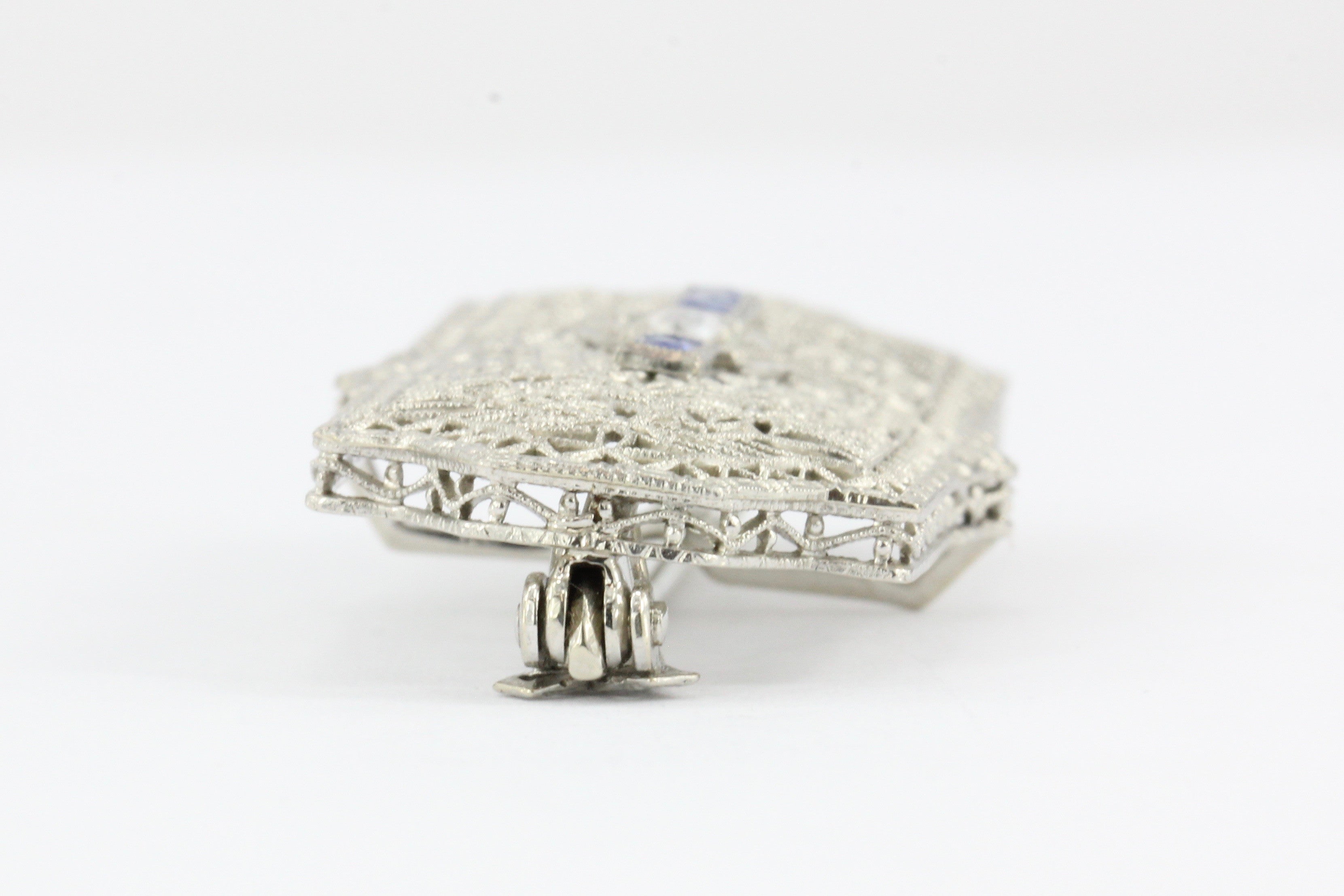 Edwardian 14K White Gold Diamond Sapphire Pendant / Brooch - Queen May