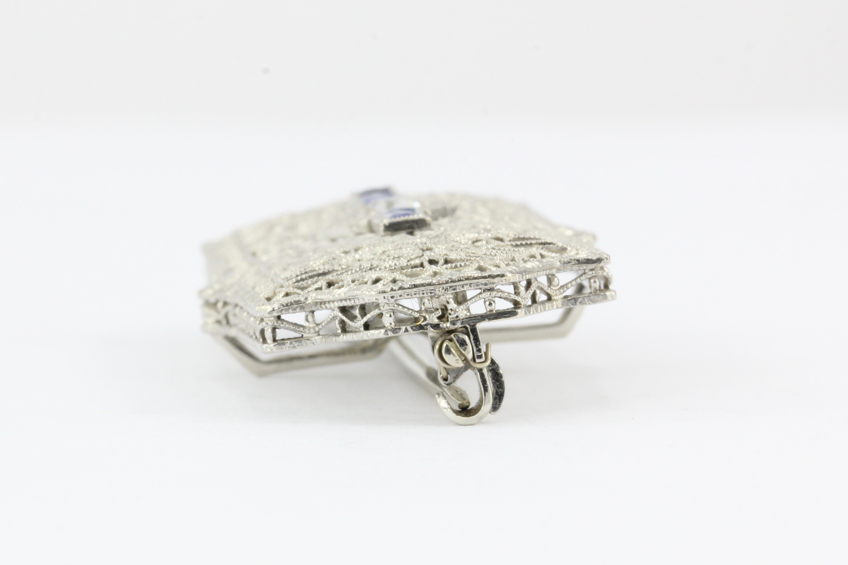 Edwardian 14K White Gold Diamond Sapphire Pendant / Brooch - Queen May