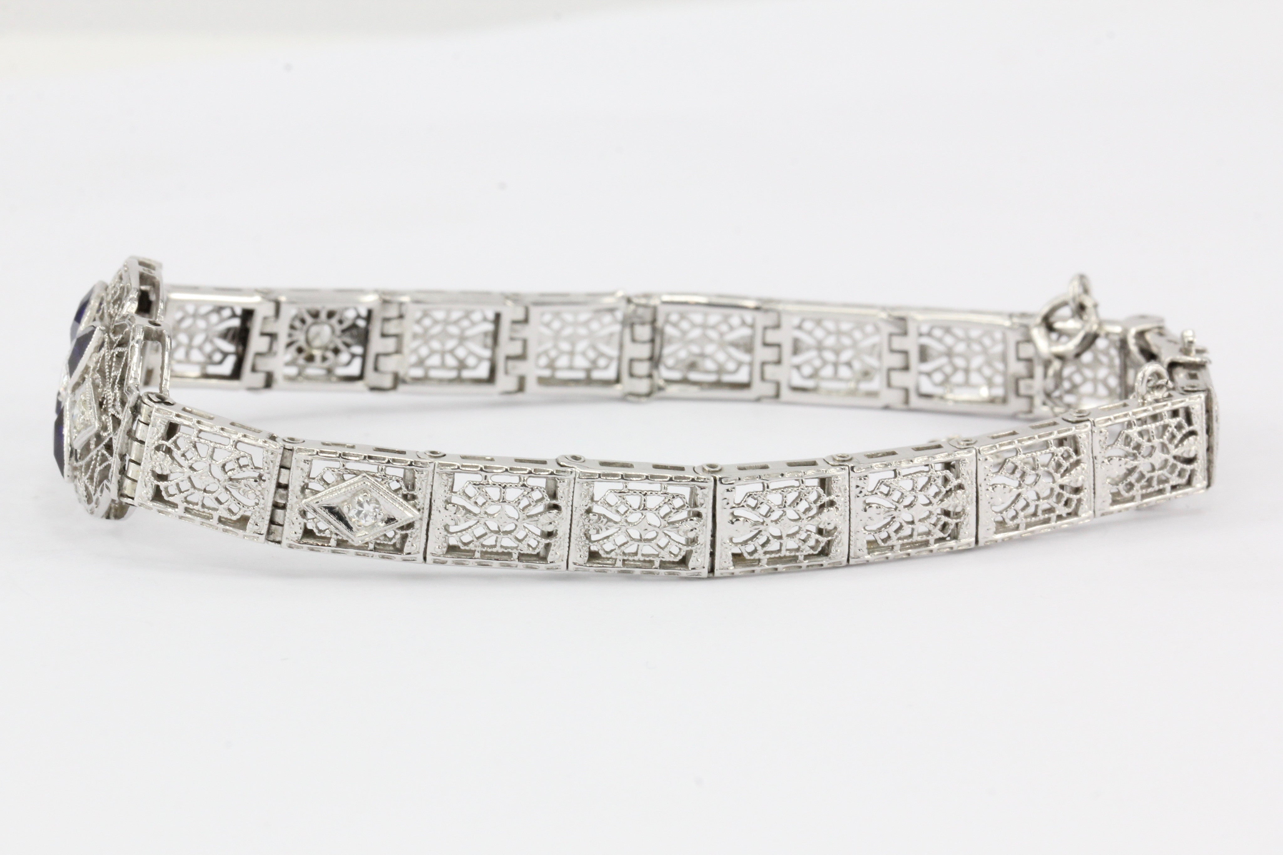 Art Deco 18K White Gold Diamond Sapphire Filigree Bracelet c.1920's - Queen May