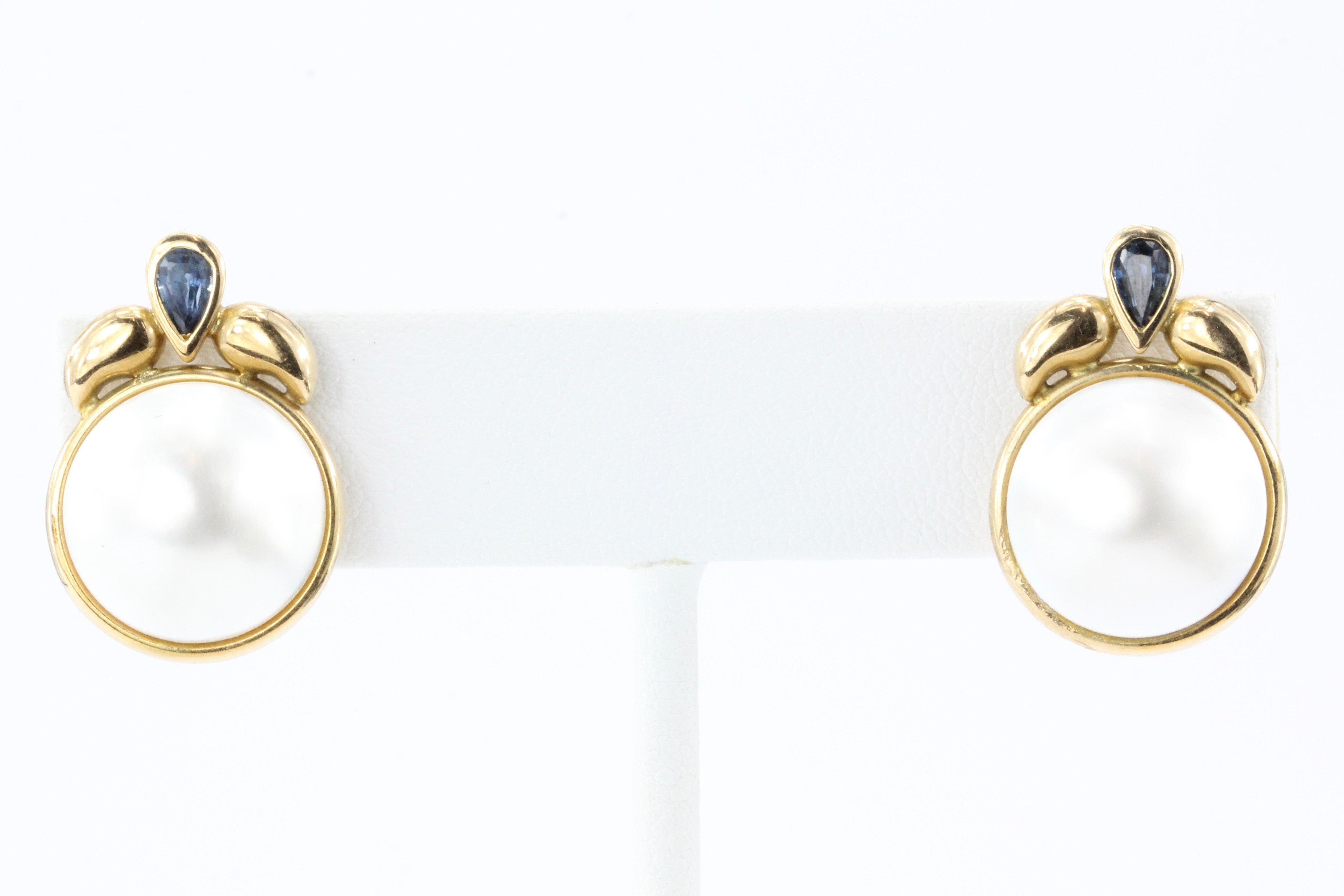 14K Gold Sapphire & 13.5 mm Mabe Pearl Earrings - Queen May