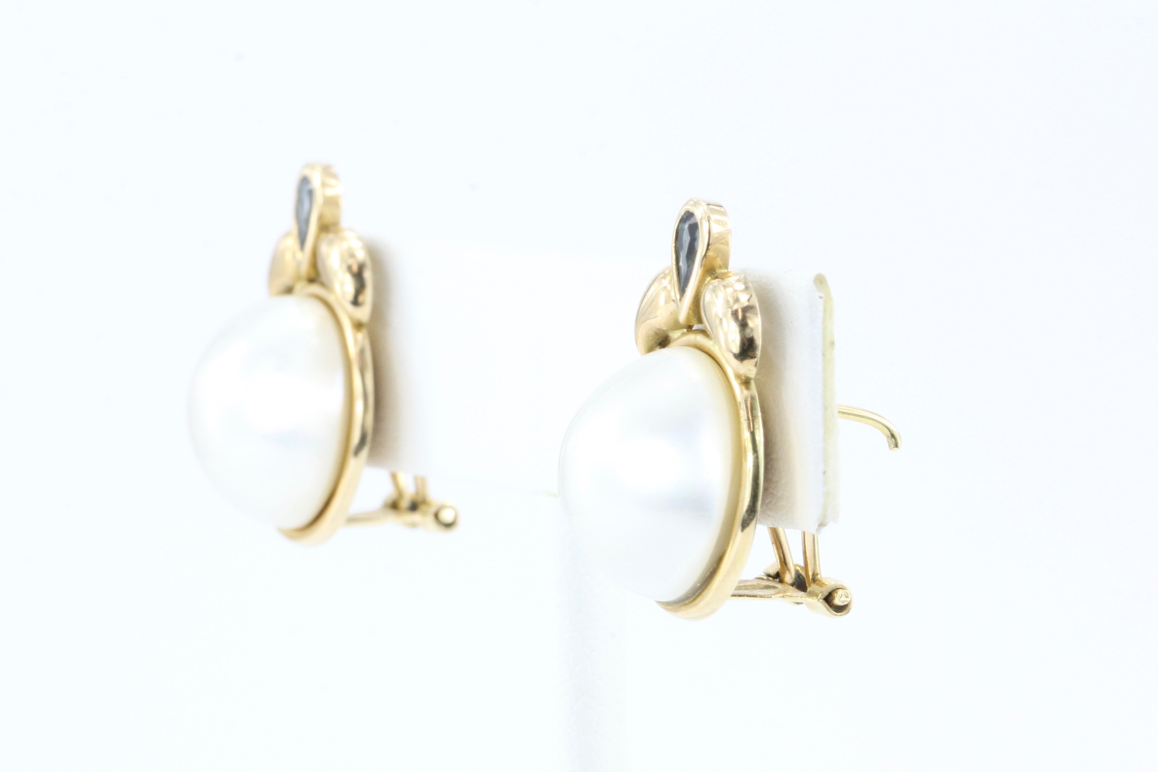 14K Gold Sapphire & 13.5 mm Mabe Pearl Earrings - Queen May